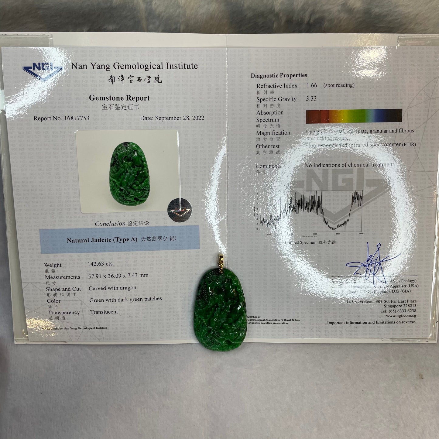18K Yellow Gold Rare Type A Old Mine Lao Keng Spicy Green with Dark Green Patches Jade Jadeite Prosperity Dragon Feng Shui Pendant with NGI Cert 142.63 cts 57.91 by 36.09 by 7.43mm