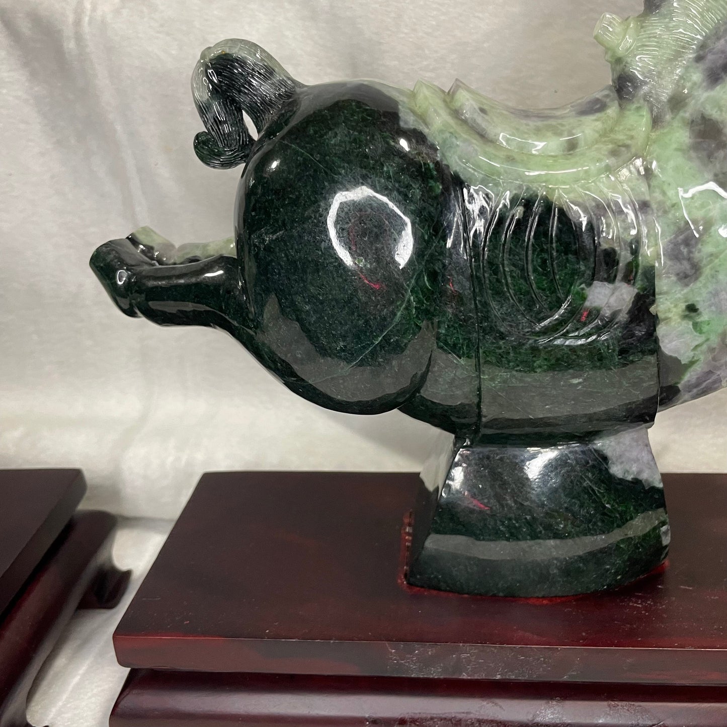 Type A Green with Lavender Jadeite Pair of Horses 马到成功 马上成功 马上发财 with Wooden Stand Display Piece - 9.53kg Dimensions with Stand: 30 by 28 by 12cm Jade Dimensions: 28 by 24 by 9cm