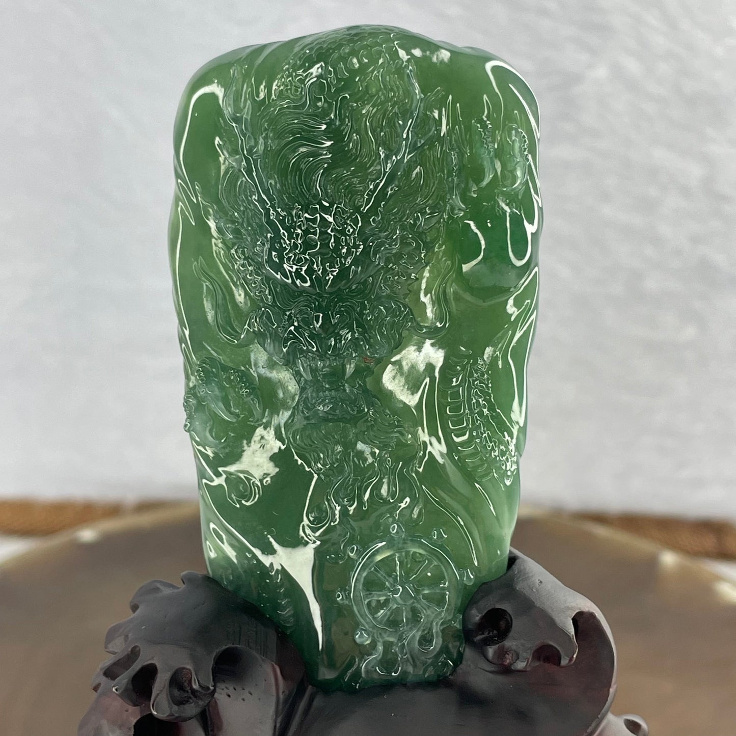 Very Rare High Icy Grand Master Type A Blueish Green Jadeite Fire Dragon with Fortune Wheel 53.03g 73.4 by 38.7 by 11.5mm with Wooden Stand