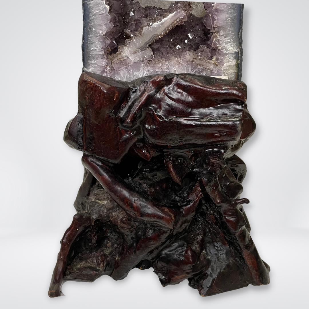 Special RARE Natural Amethyst with Rutile and Large High Quality Clear Quartz Display Wooden Stand - 42.7kg 790 by 250 by 300mm