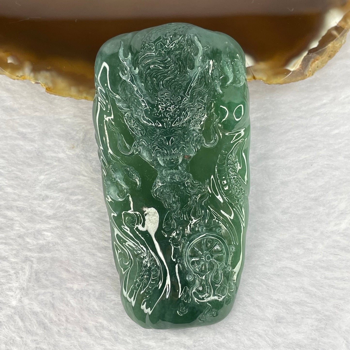 Very Rare High Icy Grand Master Type A Blueish Green Jadeite Fire Dragon with Fortune Wheel 53.03g 73.4 by 38.7 by 11.5mm with Wooden Stand