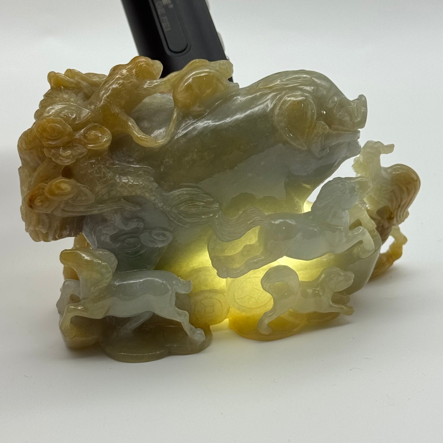 Rare Antique Natural 12 Zodiac 3 colour Jade Jadeite 729.0g 126.5 by 68.5 by 83.9mm