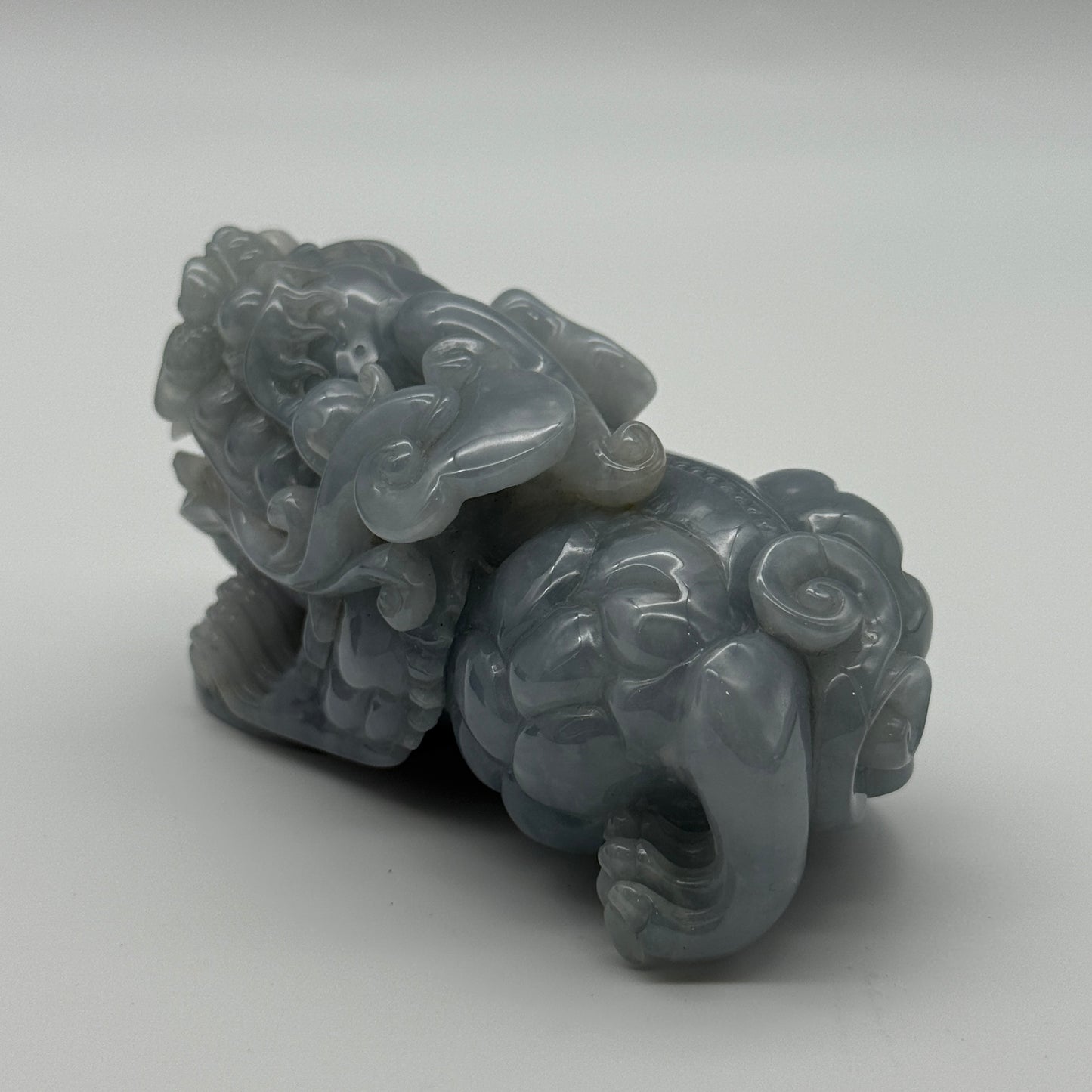 Type A Blueish Lavender Jade Jadeite Pixiu & Ruyi Display with Wooden Stand: Pixiu: 373.1g 93.1 by 43.1 by 43.7mm With Stand: 747.5g 215.4 by 111.5 by 99.6mm