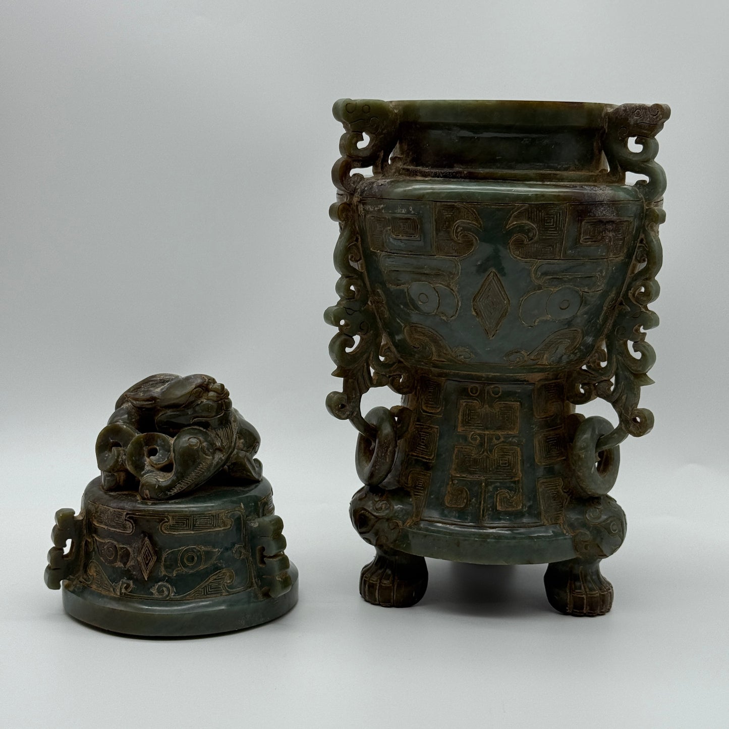 Rare Antique Natural Green with Brown Patches Nephrite Pixiu Vase 3,113.3g 148.0 by 160.0 by 335.0mm