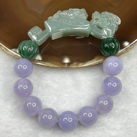High End Type A Lavender and Green Jadeite Bracelet with Semi Icy Dragon and Pixiu Ruyi Charm 72.82g 13.4mm 11 Beads Charm Dimensions 63.3 by 14.3 by 18.4