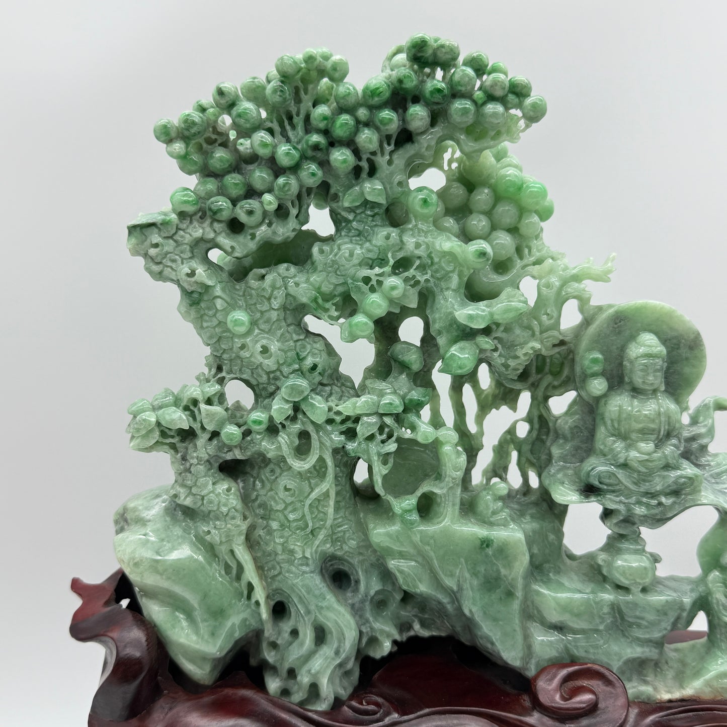 Rare Full Apple Green Buddha & Disciple Shan Shui Display 2,490g 300.0 by 230.0mm by 60.0mm with wooden stand 2,345g Total 4,835g 350.0 by 350.0 by 120.0mm