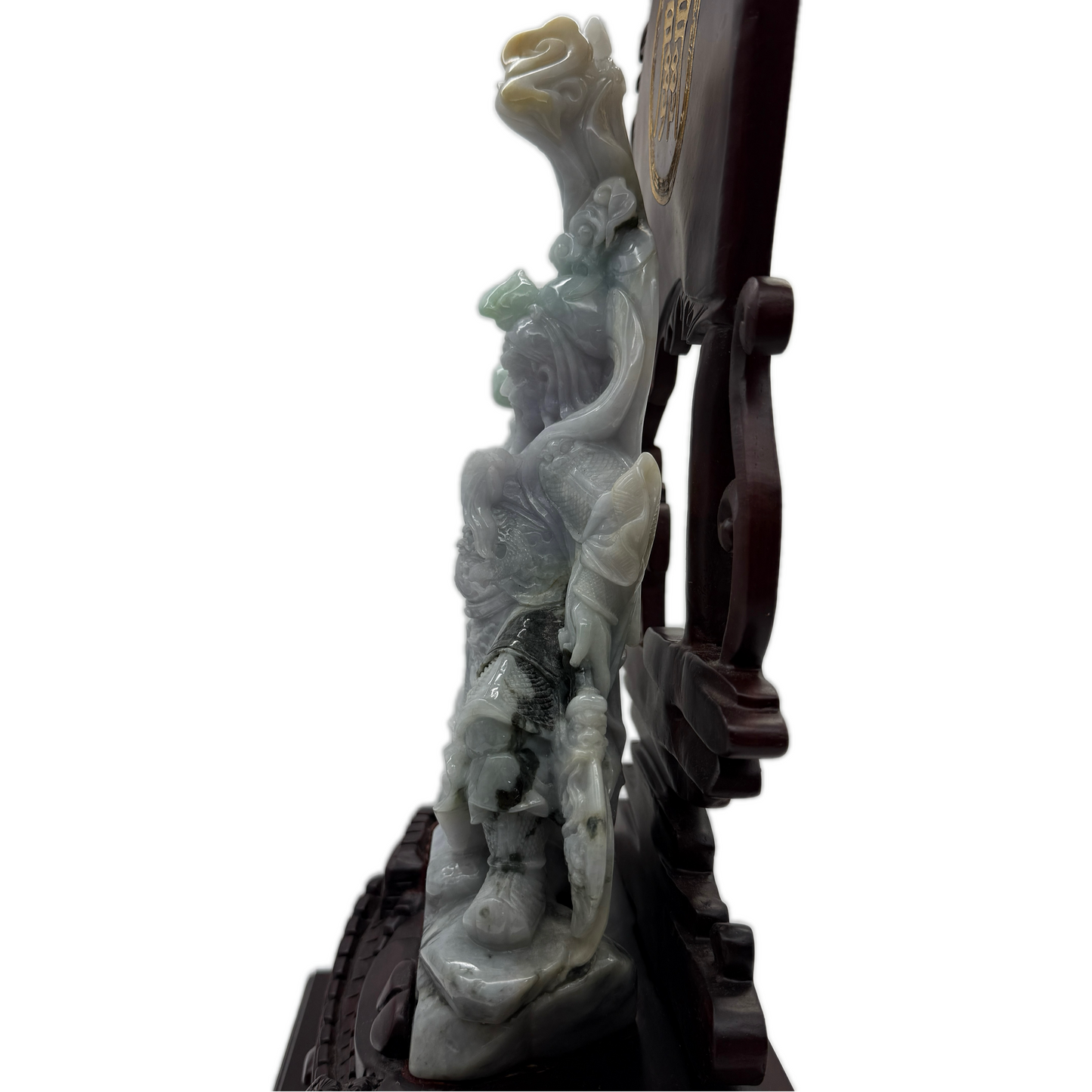 Type A Three Colour Lavender, Green & Yellow Jade Jadeite Standing Guan Gong with Wooden Stand and Victory Flag 义薄云天 旗开得胜 - 3.63kg Dimensions with Stand: 39 by 25 by 15cm Jade Dimensions: 27 by 15 by 7cm