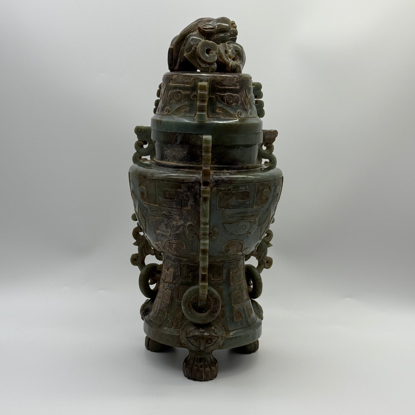 Rare Antique Natural Green with Brown Patches Nephrite Pixiu Vase 3,113.3g 148.0 by 160.0 by 335.0mm