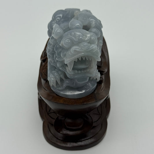Type A Blueish Lavender Jade Jadeite Pixiu & Ruyi Display with Wooden Stand: Pixiu: 373.1g 93.1 by 43.1 by 43.7mm With Stand: 747.5g 215.4 by 111.5 by 99.6mm