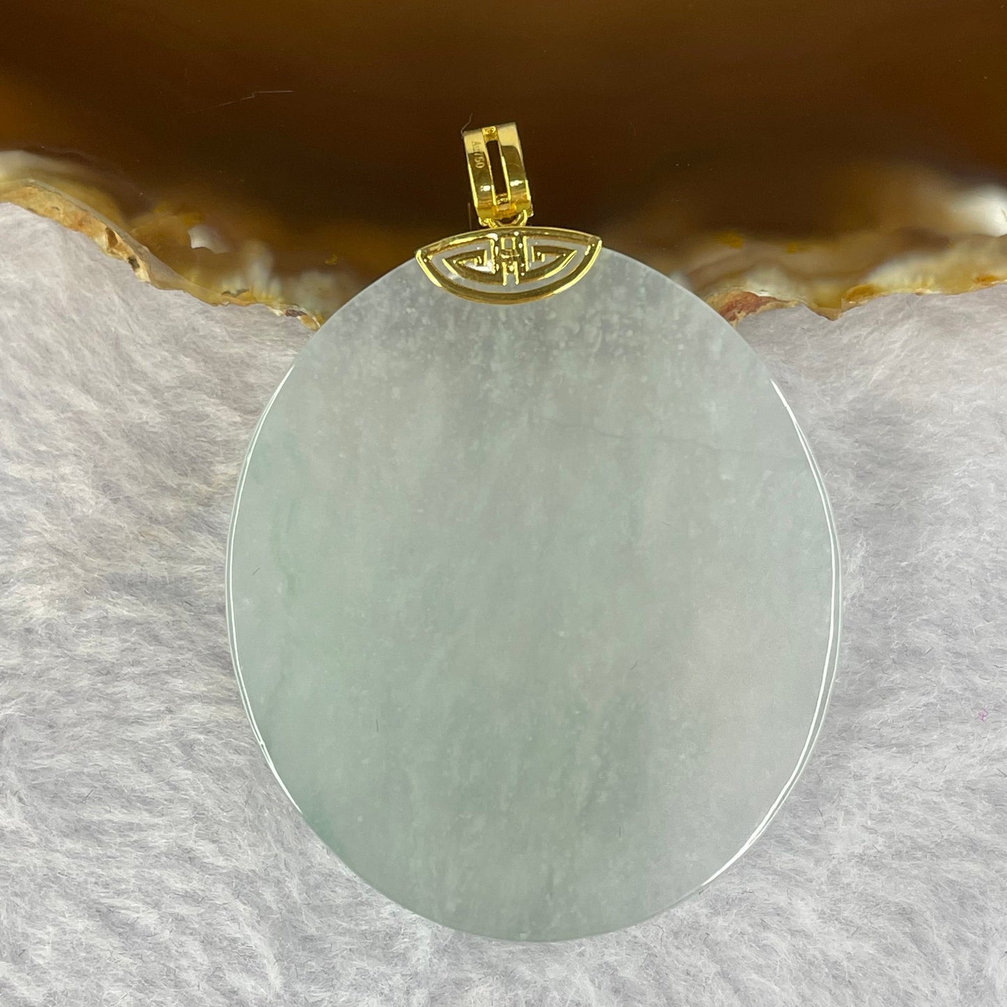 High Icy Type A Sky Blue Jadeite Wu Shi Pai 无事牌 18k Pendant with Diamonds 29.39g 50.8 by 43.9 by 4.9mm