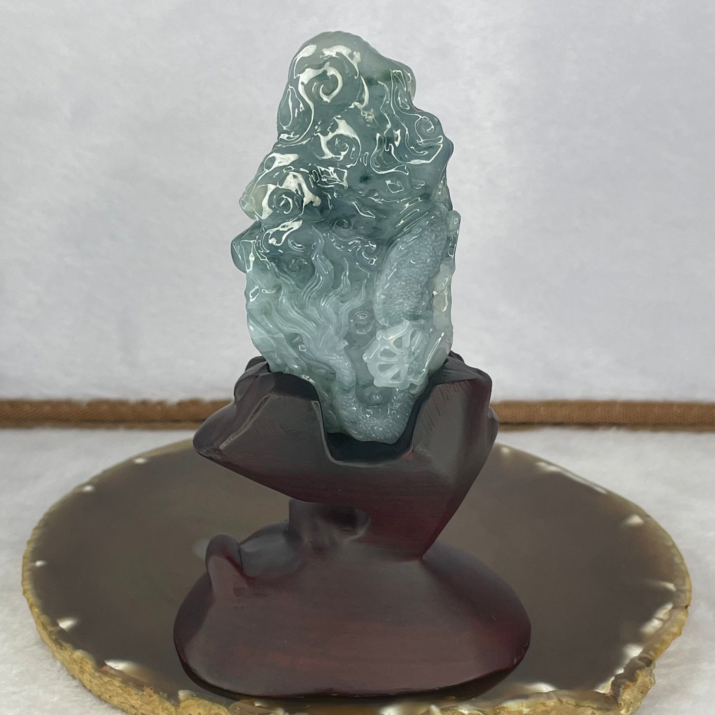 Grand Master Type A Jelly Blueish Green Flora with Yellow Jadeite Fire Dragon with Pixiu 笼饺子Display 164.12g 95.6 by 41.5 by 35.5mm with Wooden Stand for Wealth Luck Attraction
