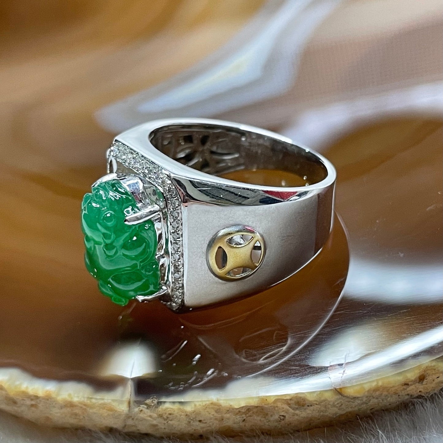 Rare Type A High Quality Yang Green Pixiu Jade Jadeite 18k white gold & Natural Diamonds 7.46g 16.3 by 10.2mm US8.5 HK19 with NGI cert