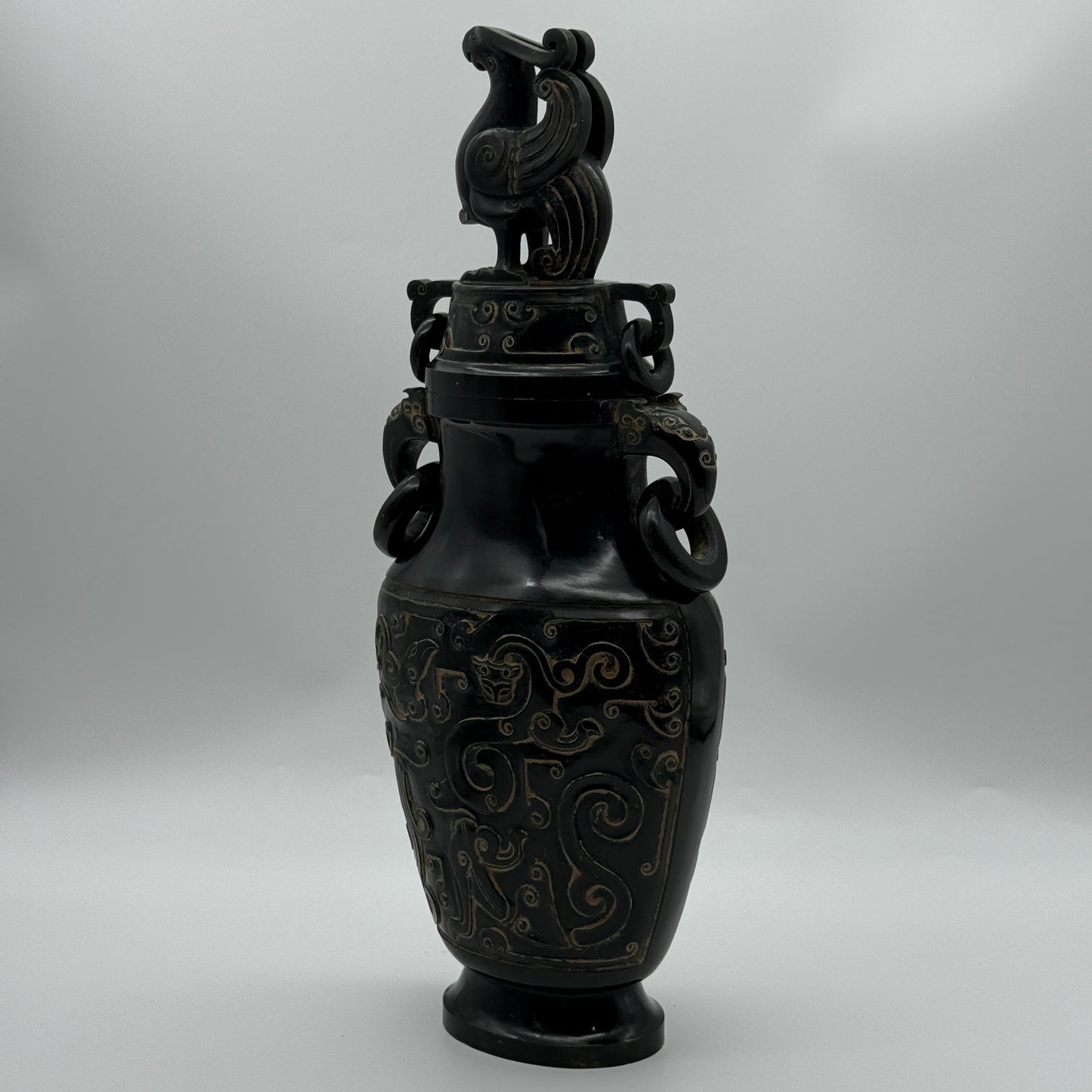 Rare Antique Natural Dark Green Nephrite Dragon Phoenix Bird Vase 2,047.6g 145.0 by 90.0 by 360.0mm