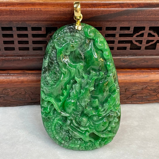 18K Yellow Gold Rare Type A Old Mine Lao Keng Spicy Green with Dark Green Patches Jade Jadeite Prosperity Dragon Feng Shui Pendant with NGI Cert 142.63 cts 57.91 by 36.09 by 7.43mm