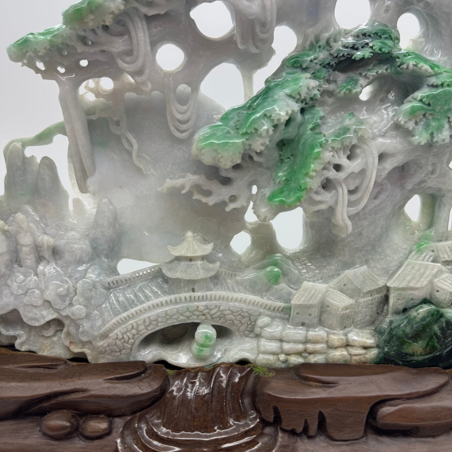 Type A Green, Yellow & Spicy Green Jade Jadeite Shan Shui 摆件多子多福 with Wooden Stand Display Piece - 3.015kg Dimensions with Stand - 51 by 40 by 19cm Jade Dimensions - 37 by 24 by 5cm