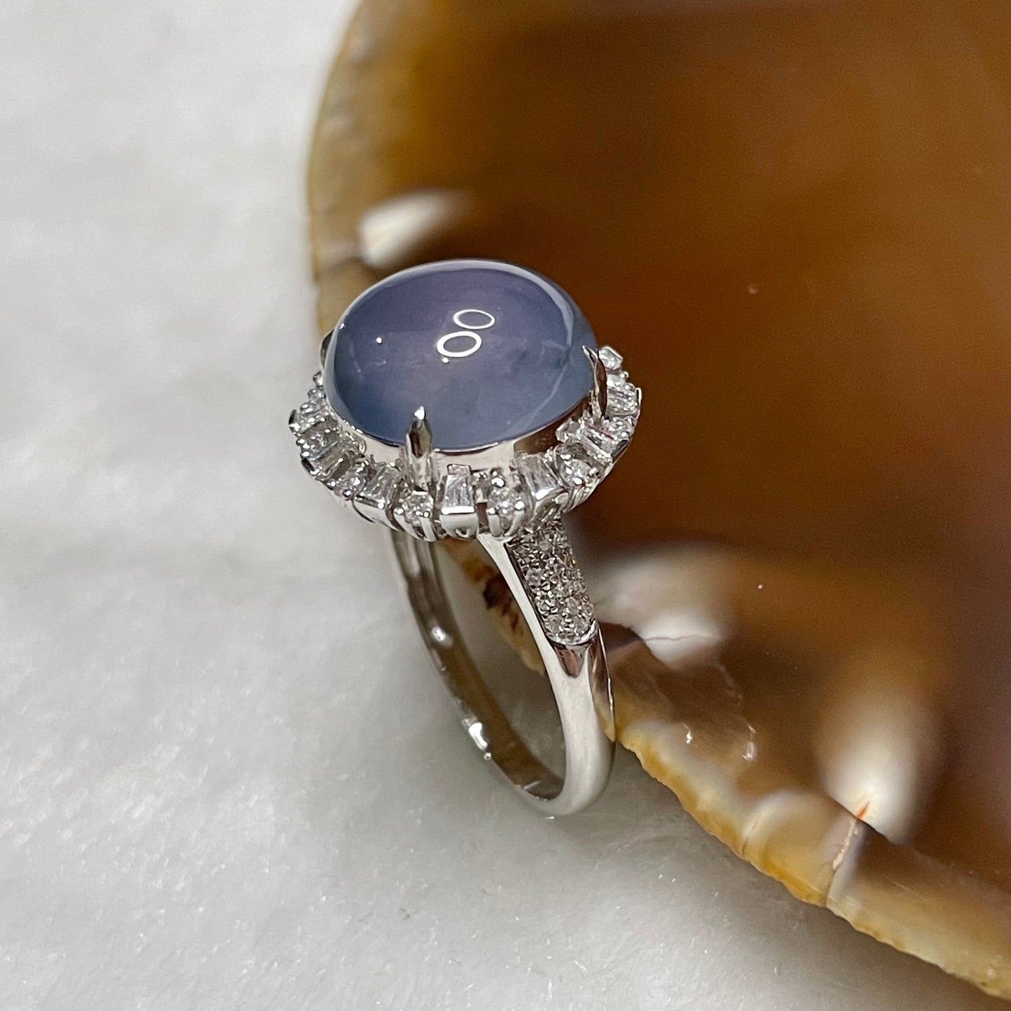 RARE Type A Semi Icy Lavender Jade Jadeite Ring 18k white gold & diamonds 4.84g Dimensions of jade: 11.6 by 11.6 by 4.2mm US 6.25 HK 14 with NGI cert