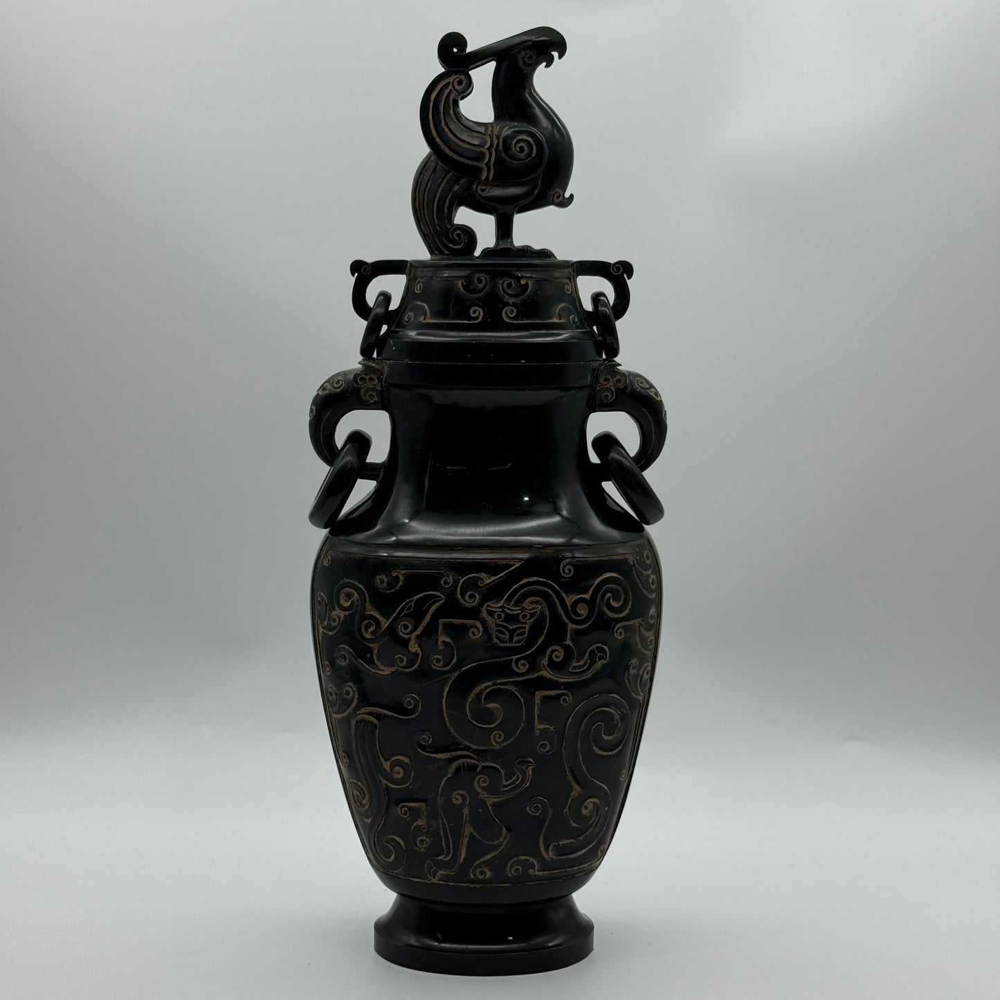 Rare Antique Natural Dark Green Nephrite Dragon Phoenix Bird Vase 2,047.6g 145.0 by 90.0 by 360.0mm