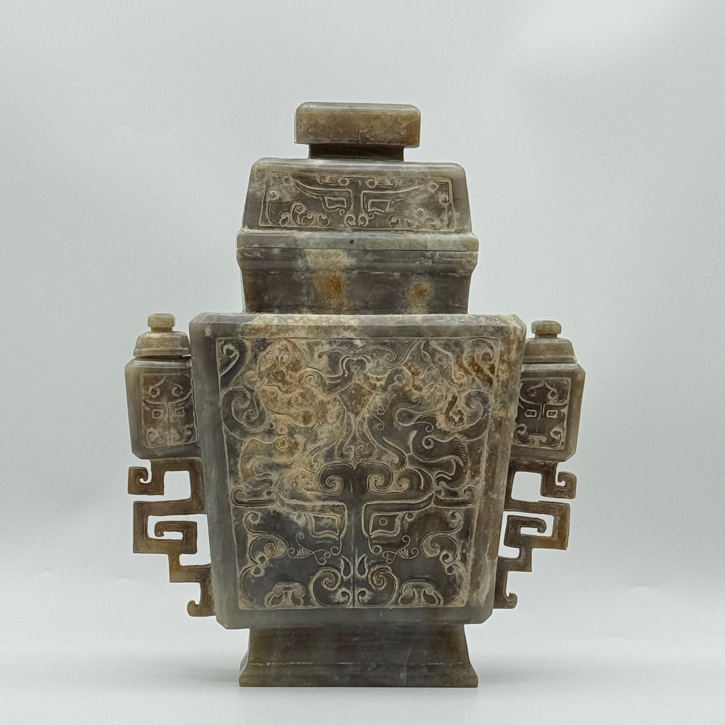 Rare Antique Natural Grey with Yellow White Patches Nephrite Double Pixiu Vase 3,014.3g 225.0 by 83.0 by 280.0mm