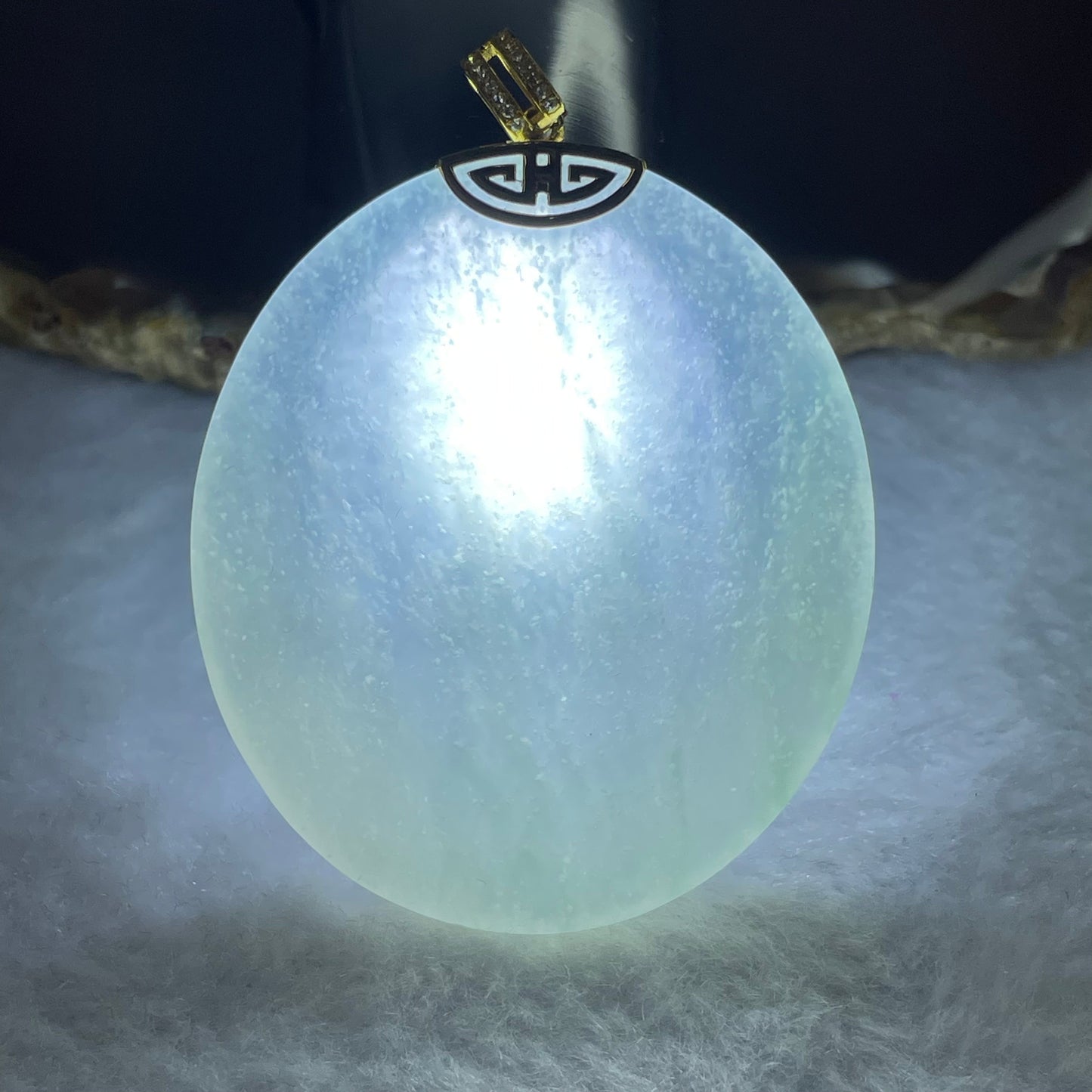 High Icy Type A Sky Blue Jadeite Wu Shi Pai 无事牌 18k Pendant with Diamonds 29.39g 50.8 by 43.9 by 4.9mm