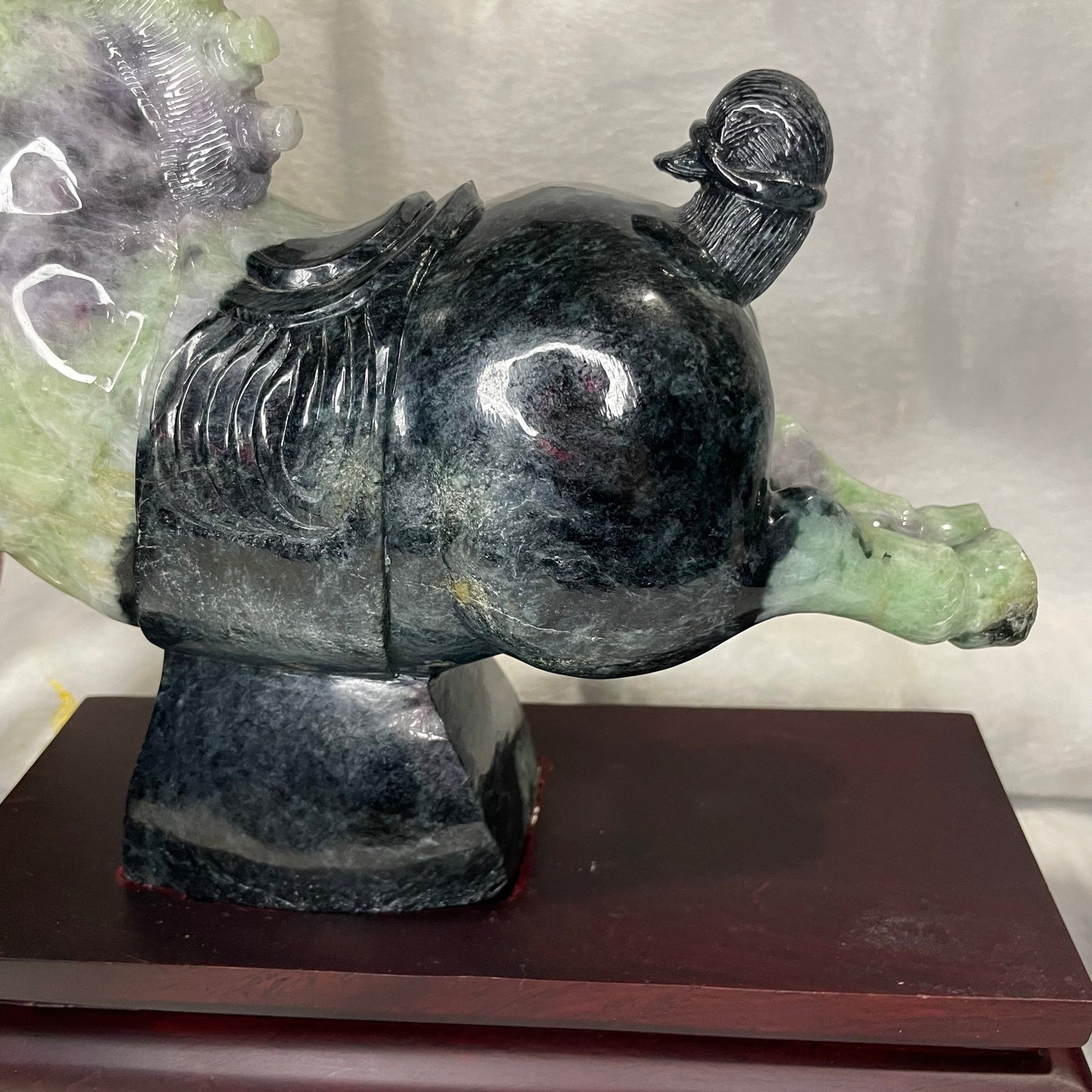Type A Green with Lavender Jadeite Pair of Horses 马到成功 马上成功 马上发财 with Wooden Stand Display Piece - 9.53kg Dimensions with Stand: 30 by 28 by 12cm Jade Dimensions: 28 by 24 by 9cm