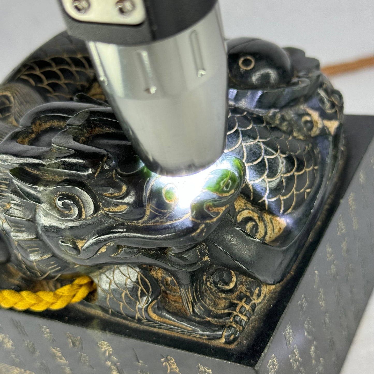 Rare Antique Natural Dark Green Nephrite Dragon with Ying Yang Flower Seal 2,868.7g 108.7 by 107.5 by 104.0mm with Wooden Box Total 3,975.9g 146.7 by 147.1 by 190.0mm