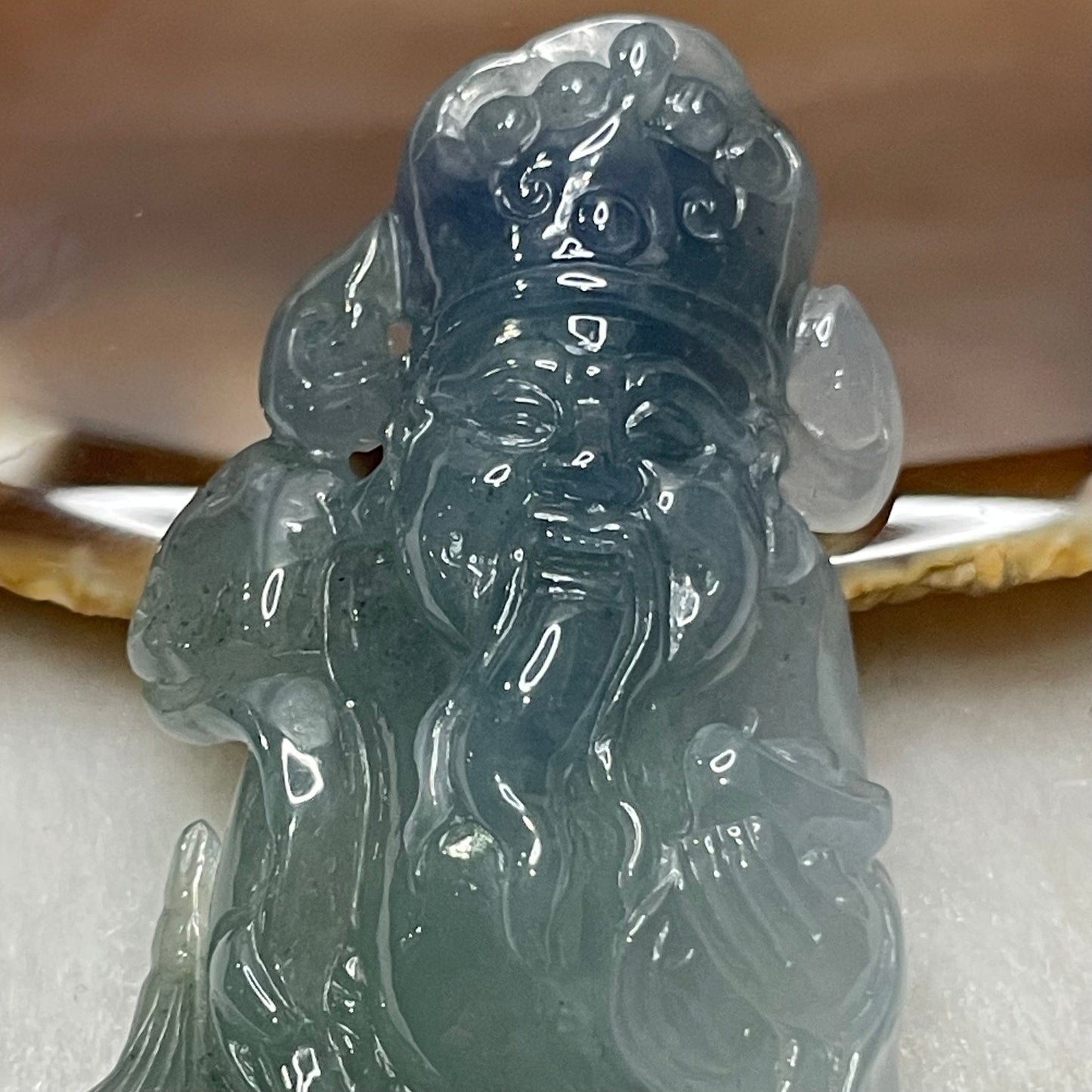 18K Gold Rare Type A Blueish Green with Lavender Jadeite Cai Sheng Ye Pendant for Ultimate Wealth with NGI Cert - 30.9g 59.0 by 28.9 by 12.8mm