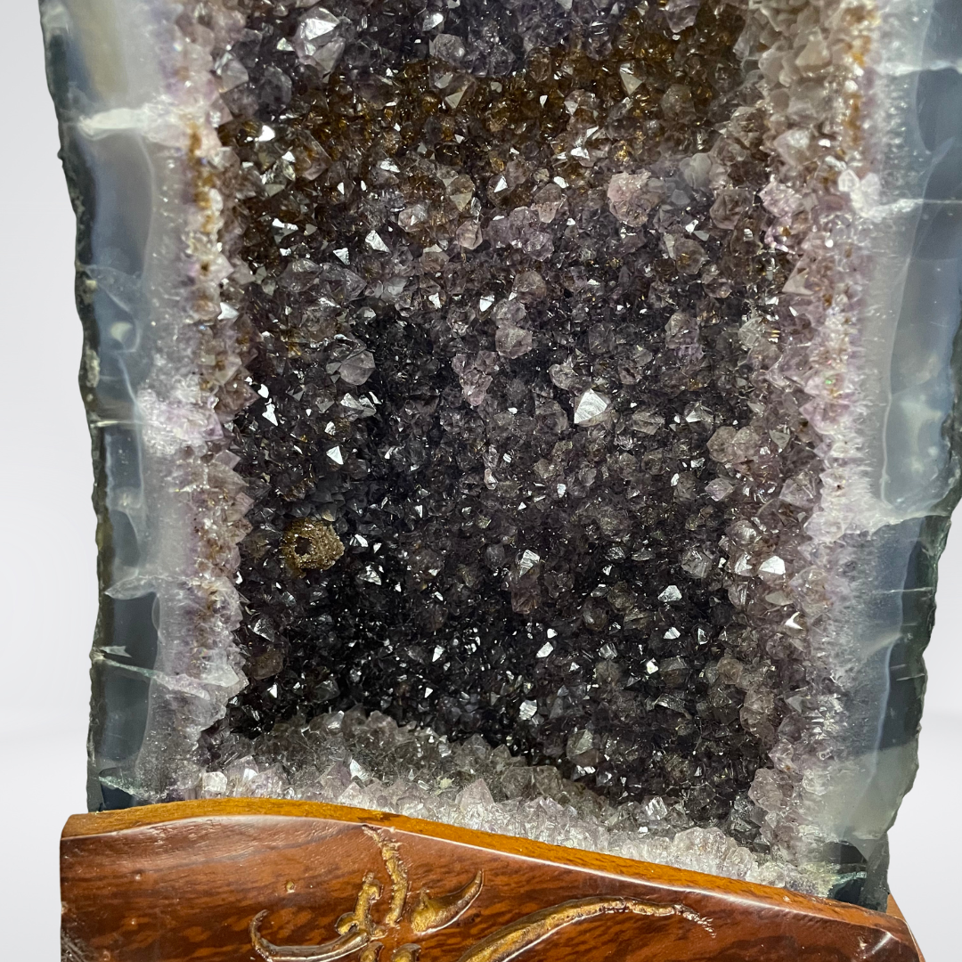 Special Natural Amethyst with Golden Rutile and Silver Particles Display Pair with Wooden Stand - 25.1kg