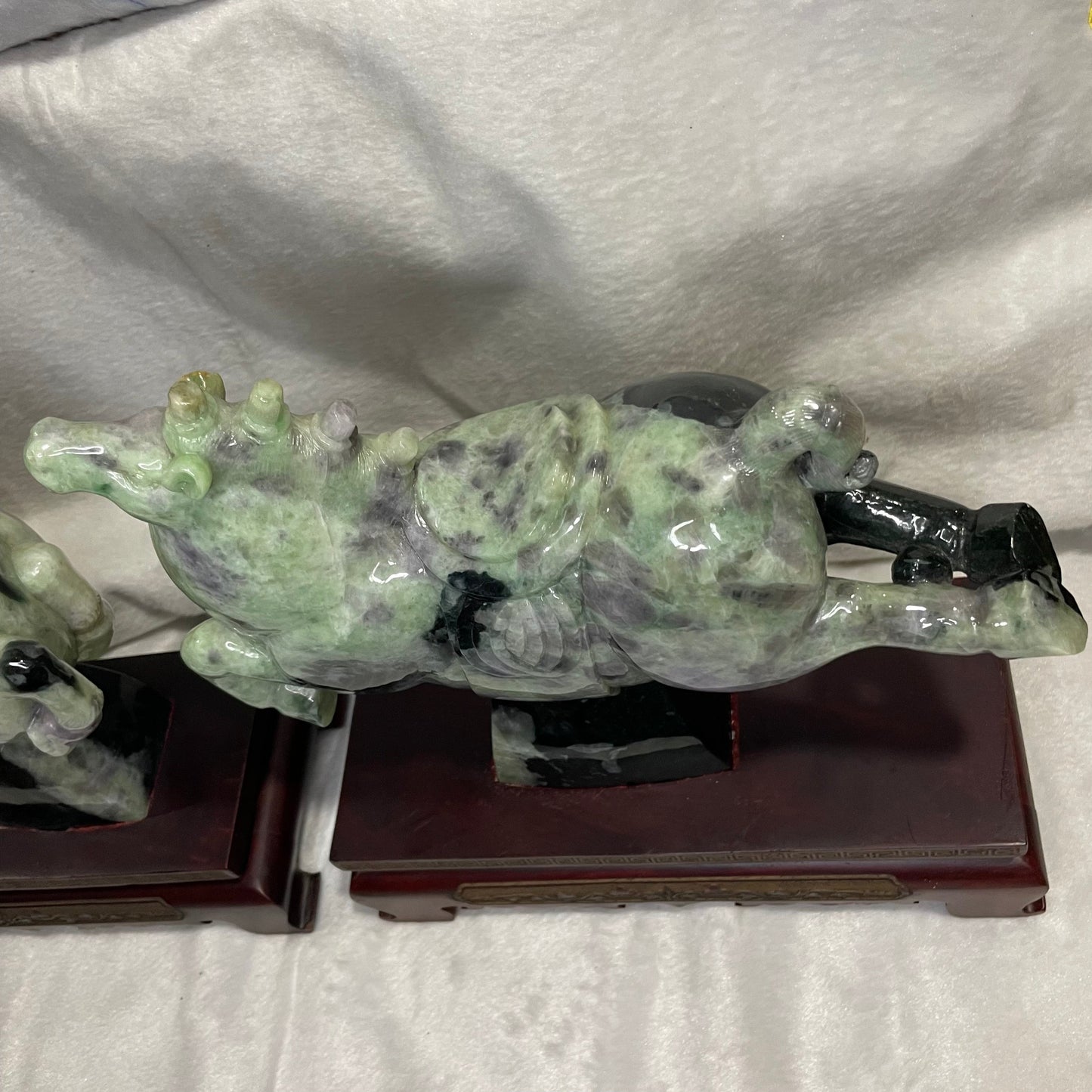 Type A Green with Lavender Jadeite Pair of Horses 马到成功 马上成功 马上发财 with Wooden Stand Display Piece - 9.53kg Dimensions with Stand: 30 by 28 by 12cm Jade Dimensions: 28 by 24 by 9cm