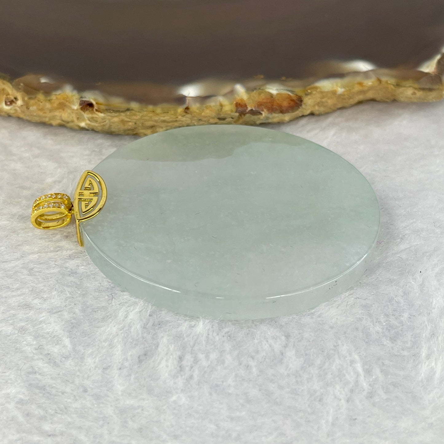 High Icy Type A Sky Blue Jadeite Wu Shi Pai 无事牌 18k Pendant with Diamonds 29.39g 50.8 by 43.9 by 4.9mm