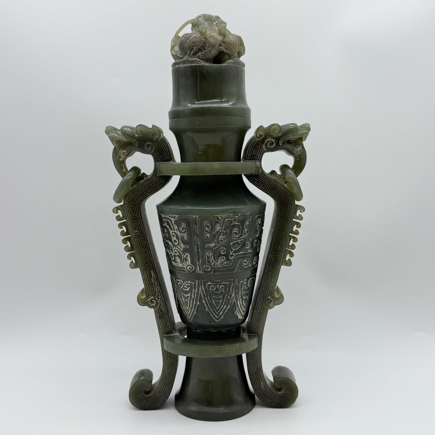 Rare Antique Natural Green Nephrite Vase with Double Dragon Display 2,035.4g 162.0 by 90.0 by 315.0m