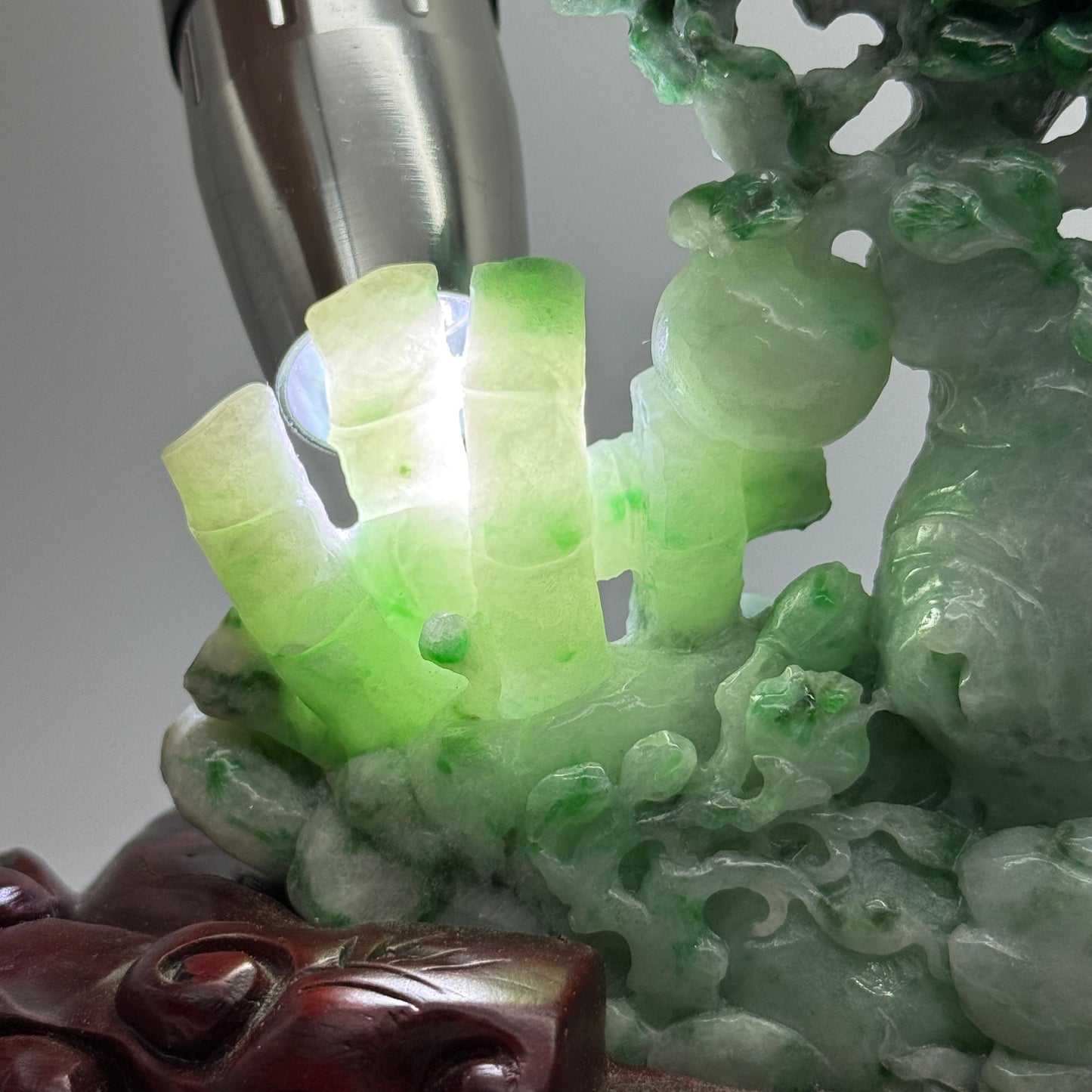Type A Light Green with Spicy Green and Apple Green Patches Jadeite Tree with Twin Birds and Bamboo Display 1260g 24.0 by 2.8 by 16.0cm with wooden stand 2935g 31.0 by 10.0 by 28.0cm