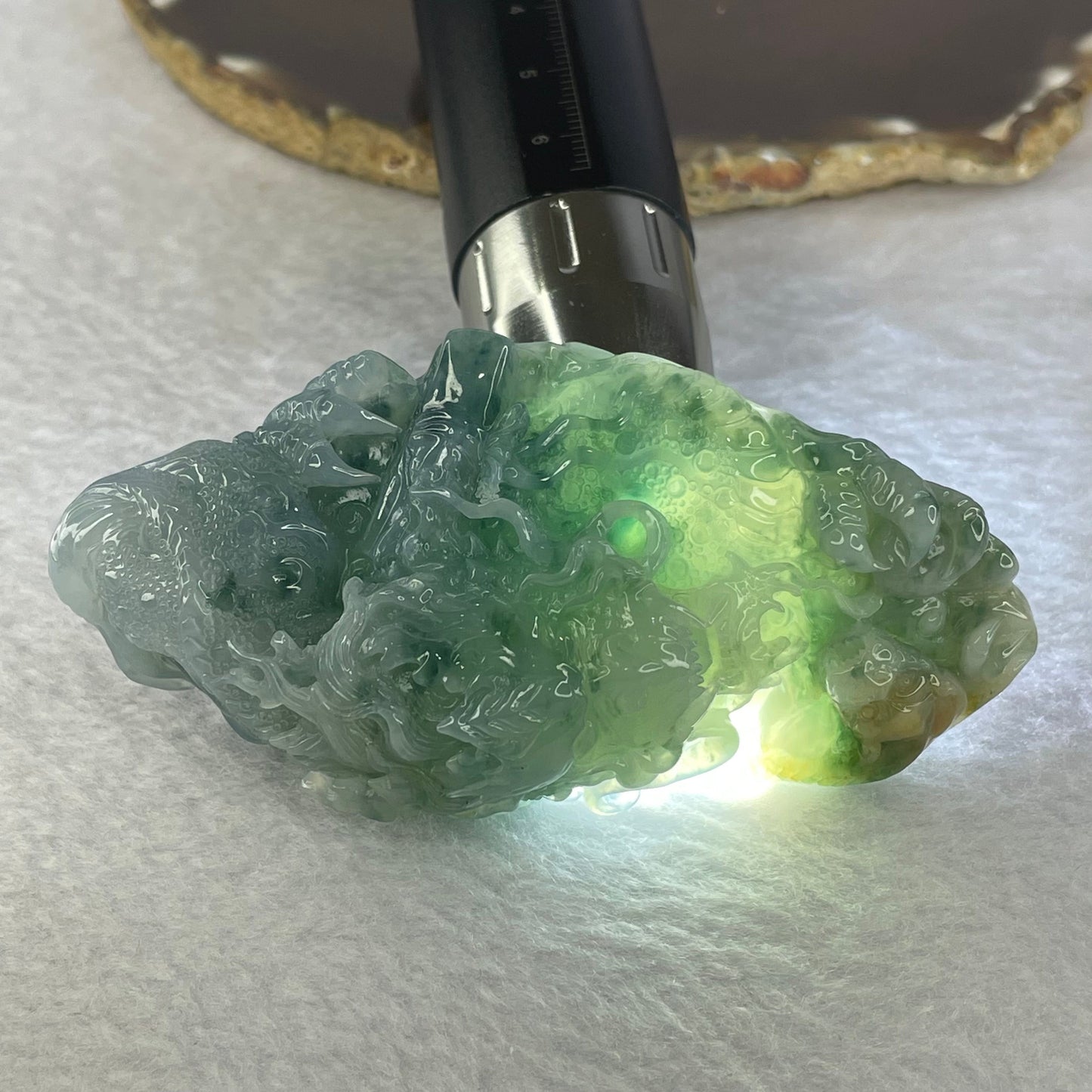Grand Master Type A Jelly Blueish Green Flora with Yellow Jadeite Fire Dragon with Pixiu 笼饺子Display 164.12g 95.6 by 41.5 by 35.5mm with Wooden Stand for Wealth Luck Attraction