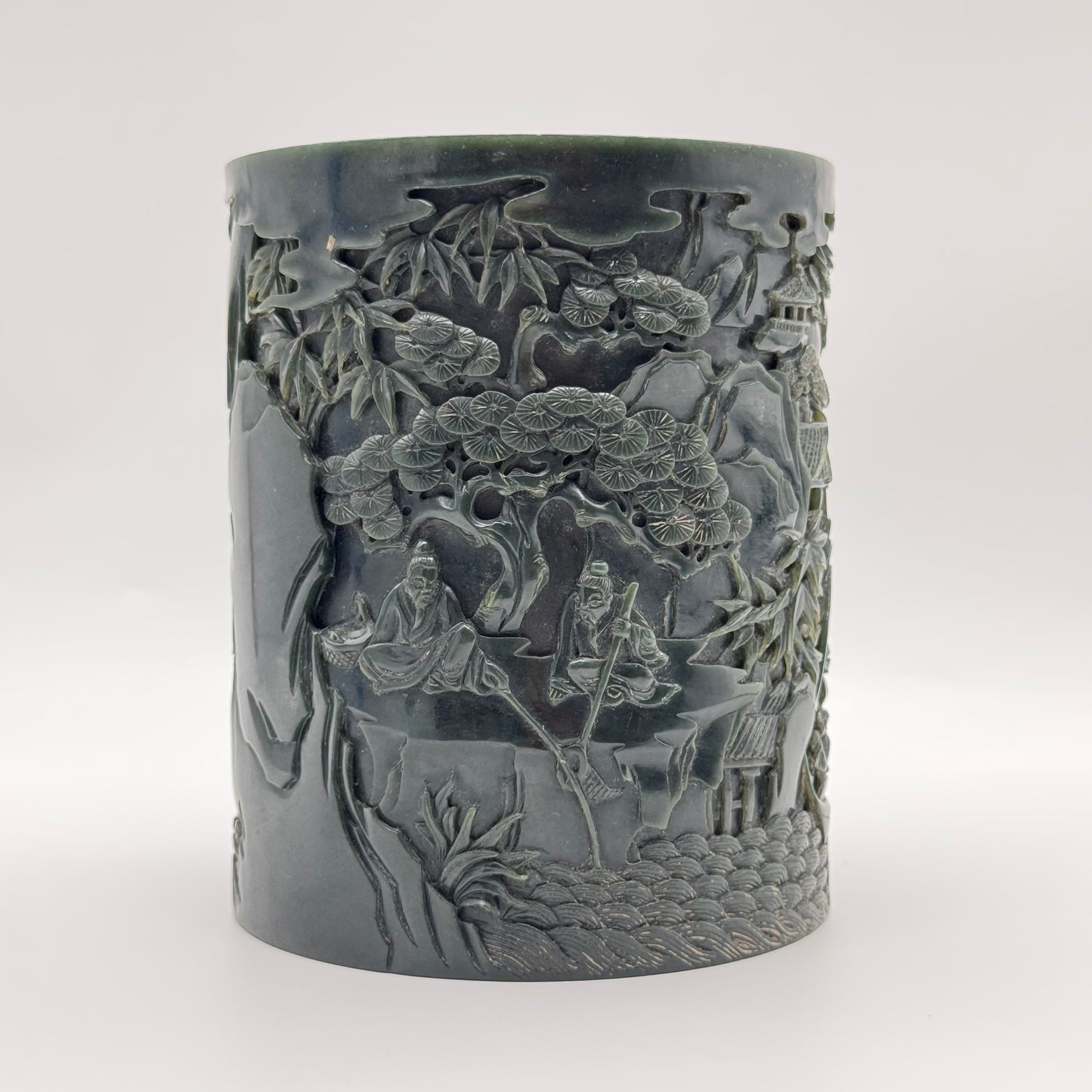 Rare Antique Natural Dark Green Nephrite Shan Shui Brush Pot with Gui Ren Display 1,467.0g 116.5 by 116.8 by 142.9mm with NGI Cert 82812380
