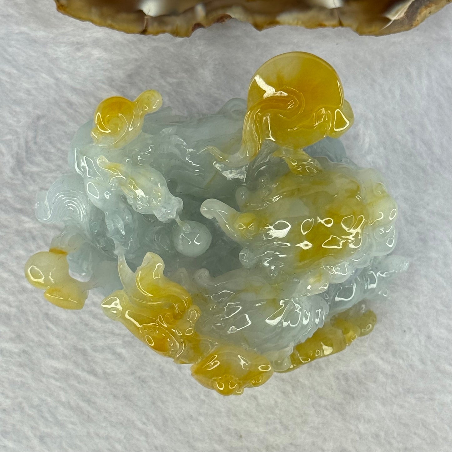 Rare Grand Master Type A Green with Lavender and Yellow 3D Flying Pixiu with Baby, Ruyi and Coins 大师A货三彩翡翠飞天貔貅摆件 185.14g 41.0 by 64.3 by 48.0mm with Wooden Stand
