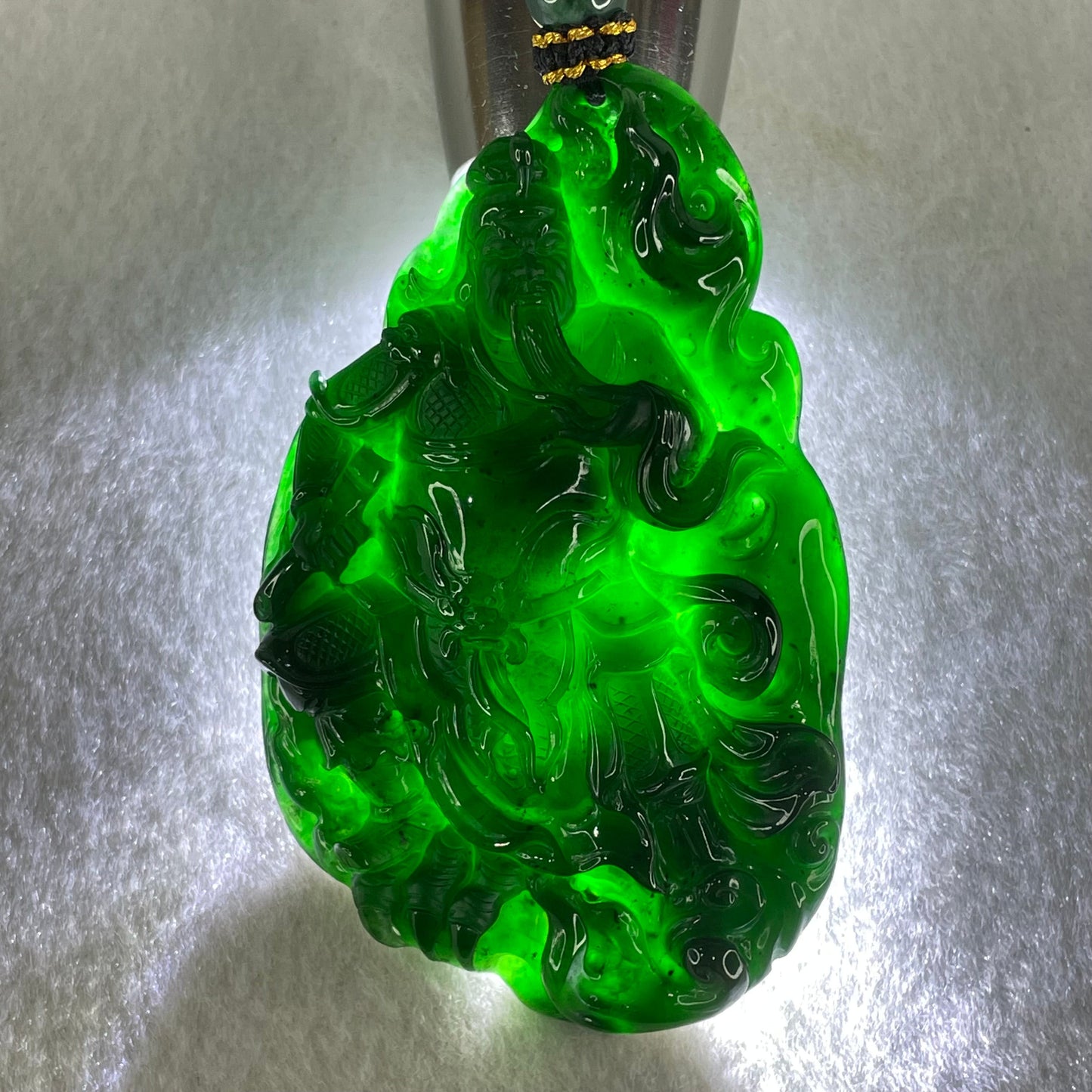 Rare High End Grand Master Type A Full Green Jadeite Guan Gong with Scroll Pendant 48.01g 72.0 by 44.8 by 9.3mm