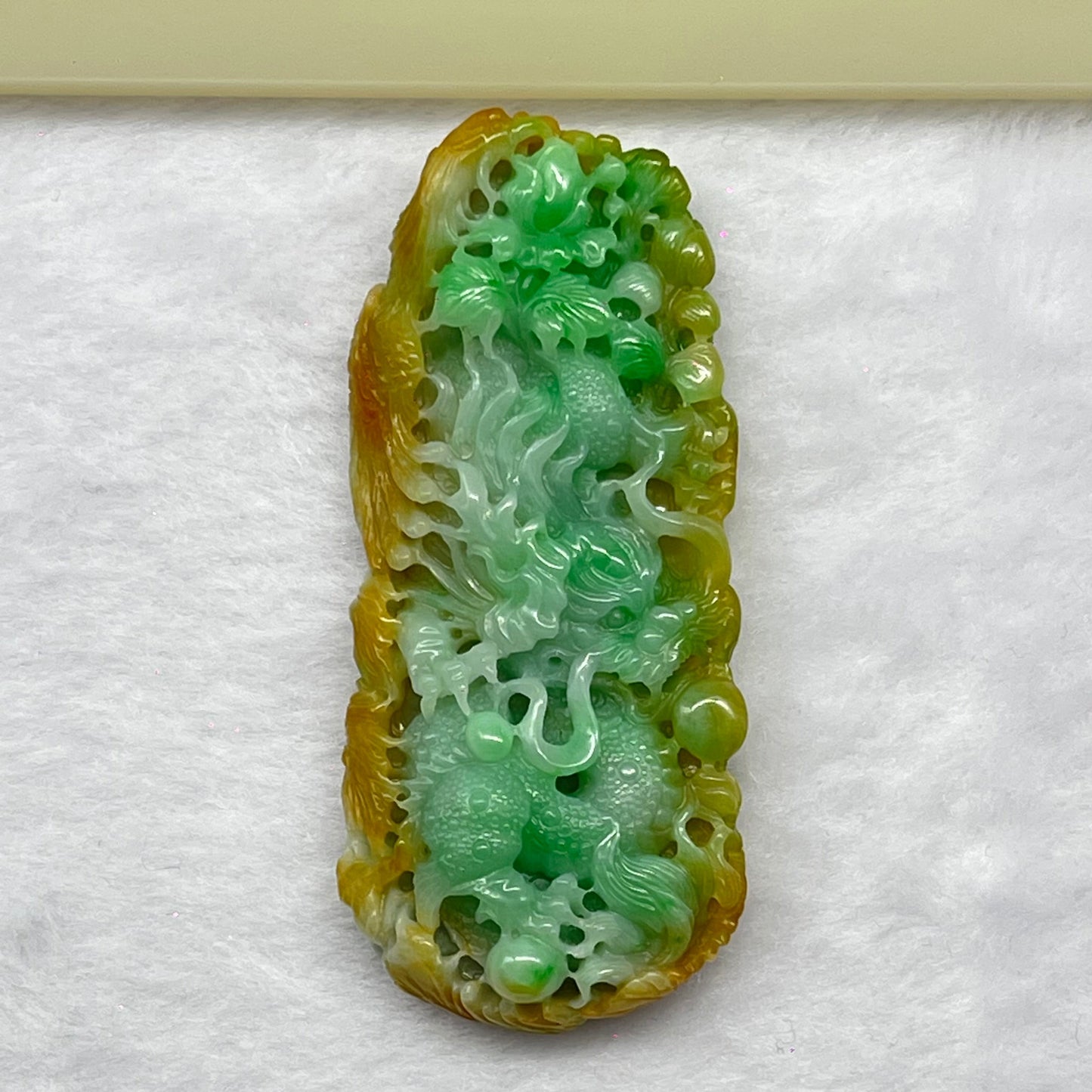 High Quality Type A Spicy Green with Yellow Piao Hua Jadeite Dragon Phoenix and Flower Pendant 55.16g 80.6 by 35.9 by 13.9mm