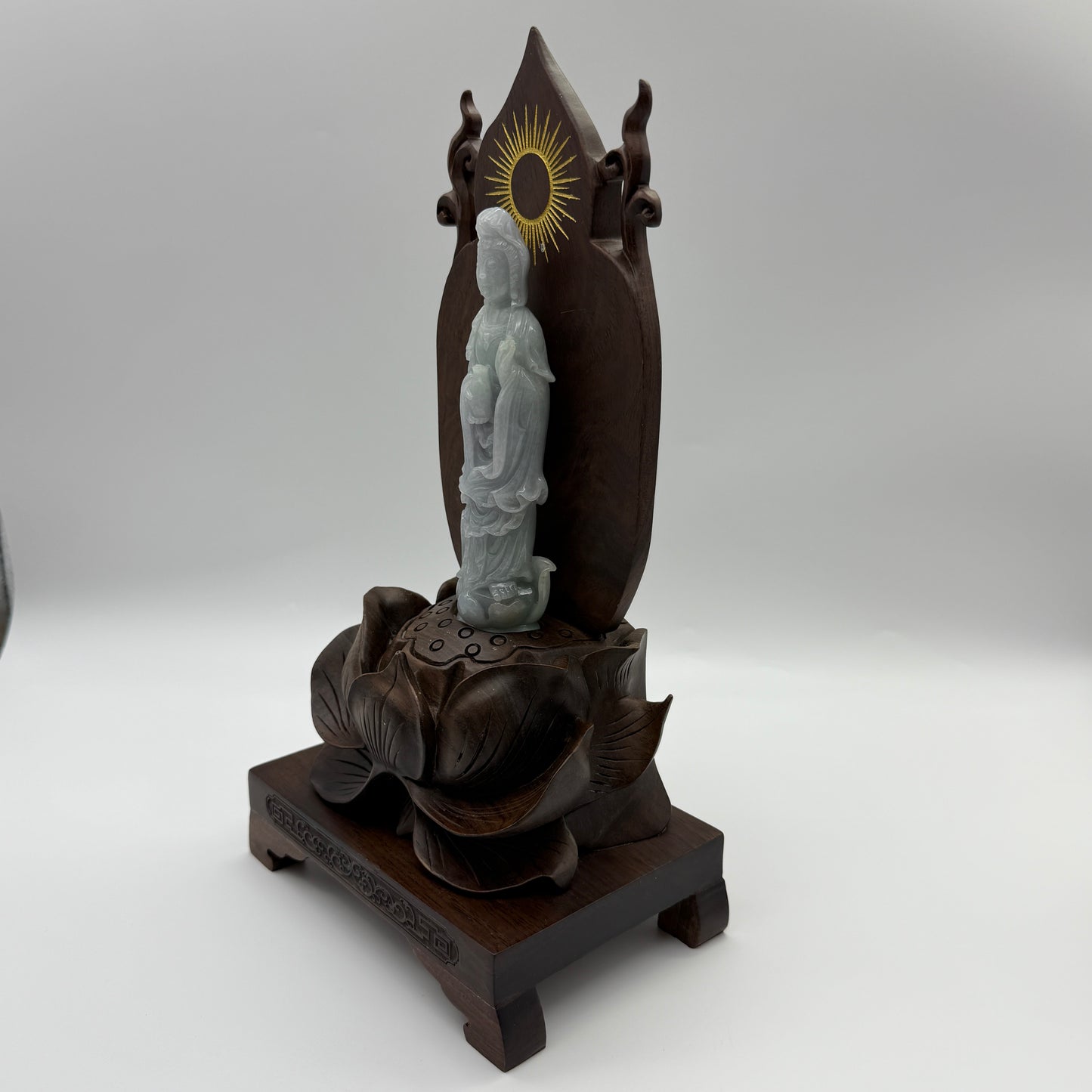Type A Lavender and Green Jade Jadeite Guan Yin Display 210.5g 142.6 by 53.6 by 24.1mm with wooden stand total 1515g 310 by 152 by 106mm