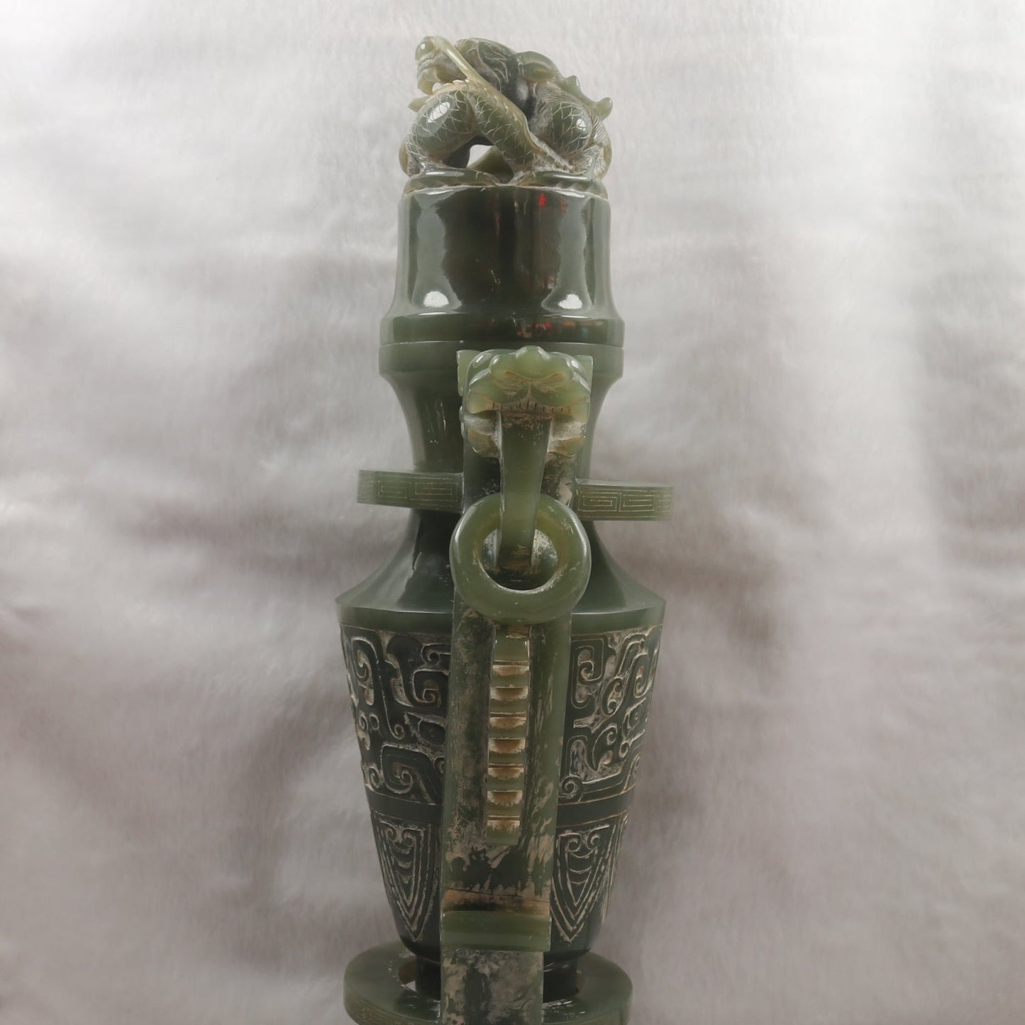 Rare Antique Natural Green Nephrite Vase with Double Dragon Display 2,035.4g 162.0 by 90.0 by 315.0m
