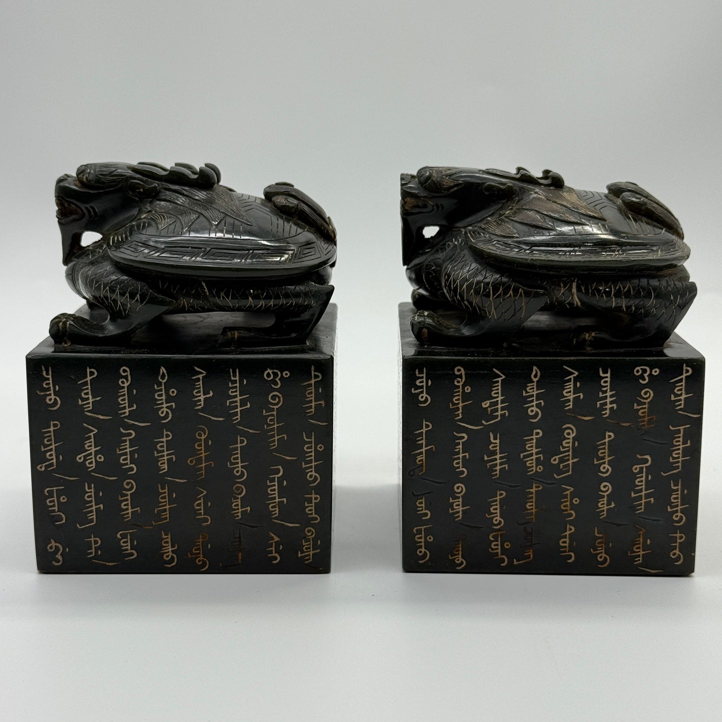 Rare Antique Natural Nephrite Dual Dragon Turtle Seal Set in Zitan Dragon Carvings Box Total Weight 4,853.2g 205.5 by 190.0 by 140.0mm each seal about 1,719.5g 84.7 by 82.3 by 113.1mm