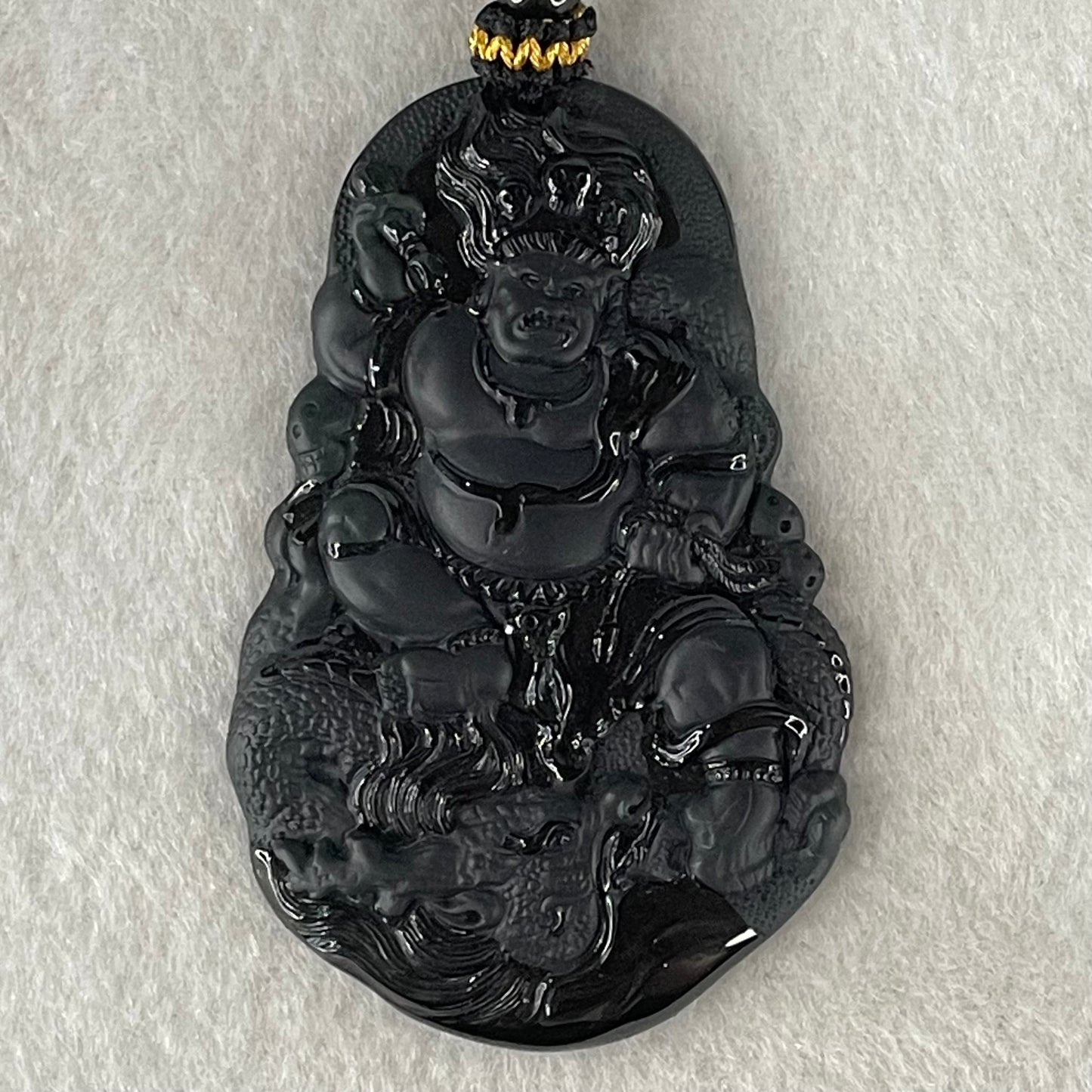 Rare Grand Master Type A Fully Translucent Black Omphacite Jadeite Da Hei Tian Daikokuten God of Fortune 大黑天 Pendant 26.52g 59.4 by 38.7 by 5.2mm