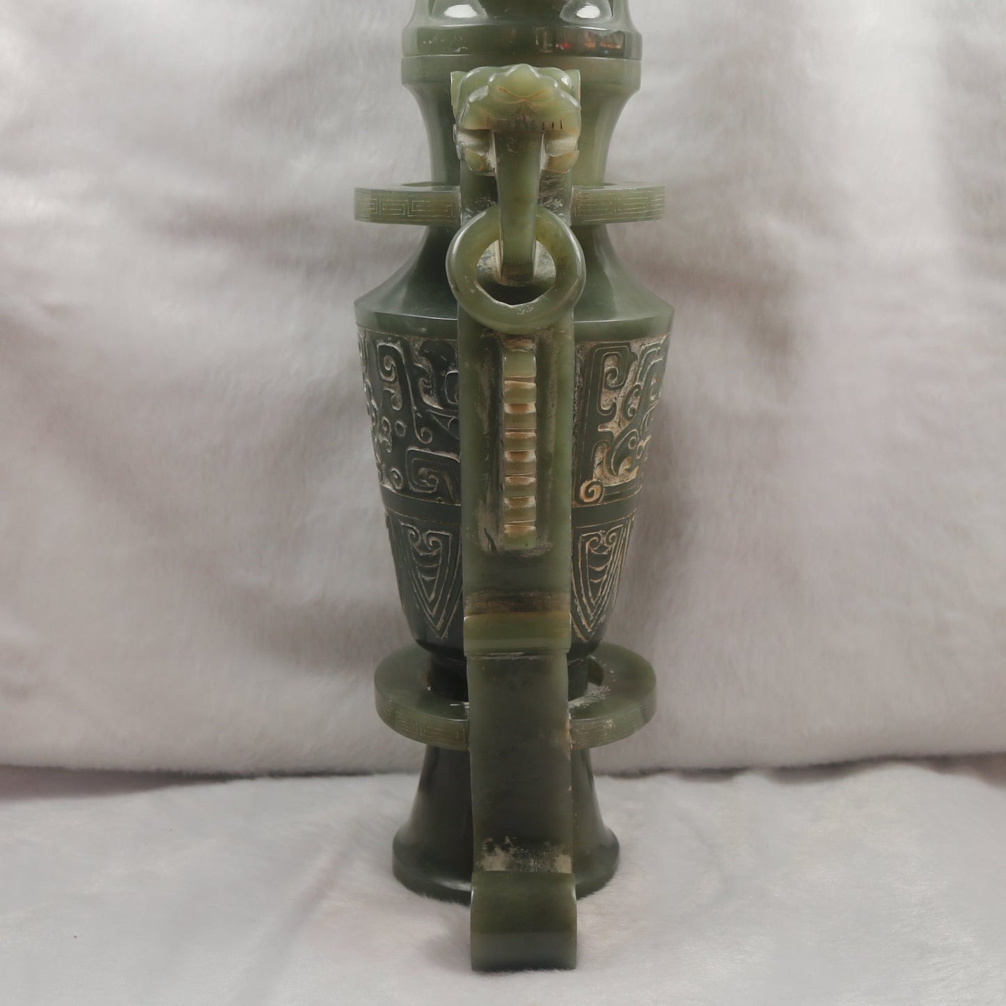 Rare Antique Natural Green Nephrite Vase with Double Dragon Display 2,035.4g 162.0 by 90.0 by 315.0m