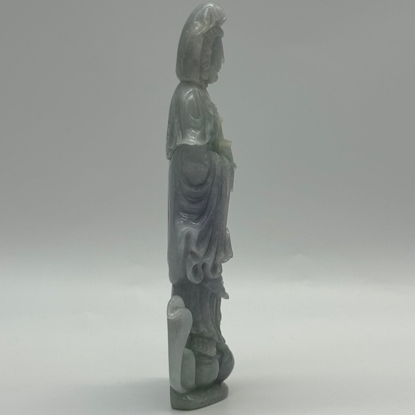 Type A Lavender and Green Jade Jadeite Guan Yin Display 210.5g 142.6 by 53.6 by 24.1mm with wooden stand total 1515g 310 by 152 by 106mm