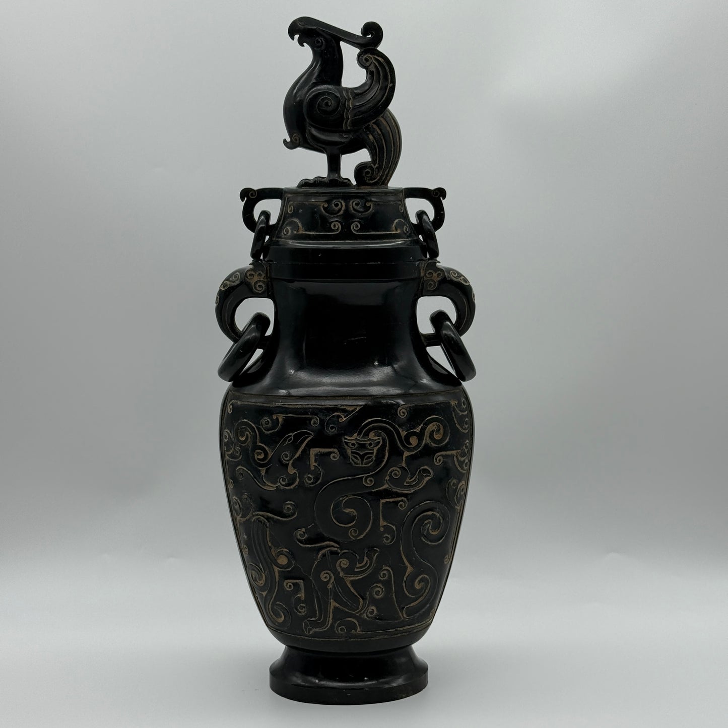 Rare Antique Natural Dark Green Nephrite Dragon Phoenix Bird Vase 2,047.6g 145.0 by 90.0 by 360.0mm