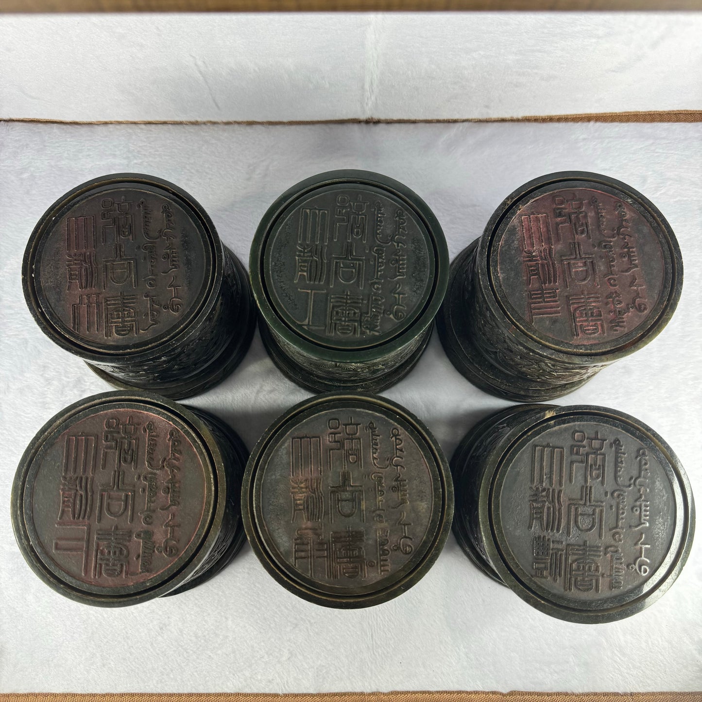Super Rare Natural Nephrite Seal Set of 6 Double Dragons Seal with Flowers total weight 12,245.5g each about 2,060.7g 108.1 by 108.1 by 83.8mm