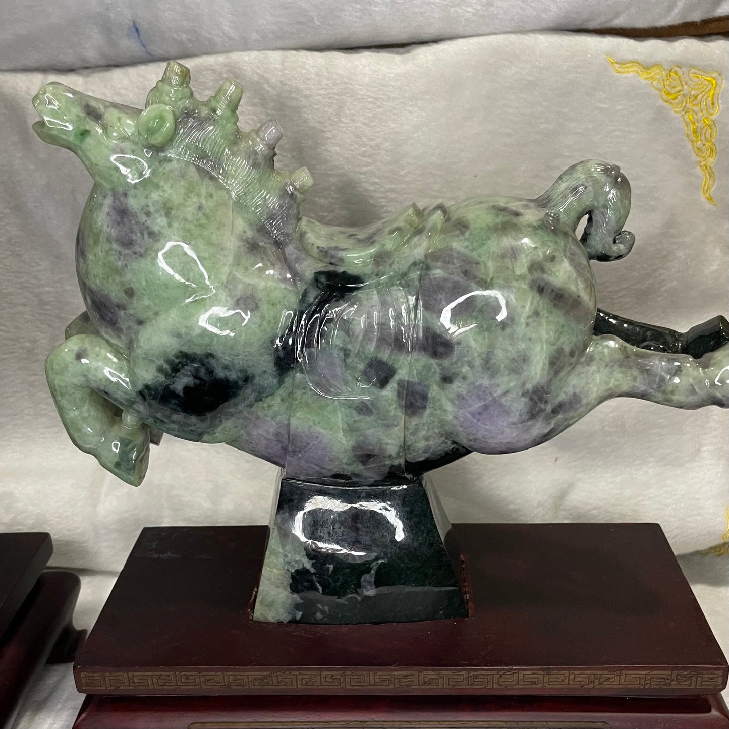 Type A Green with Lavender Jadeite Pair of Horses 马到成功 马上成功 马上发财 with Wooden Stand Display Piece - 9.53kg Dimensions with Stand: 30 by 28 by 12cm Jade Dimensions: 28 by 24 by 9cm
