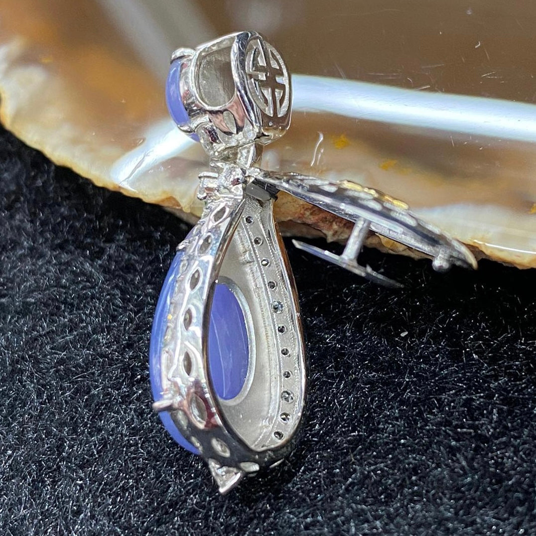 Rare High end Type A Burmese Lavender Jade Jadeite Pendant 18k white gold & diamonds with NGI Cert - 5.23g 31.7 by 12.2 by 9.4mm