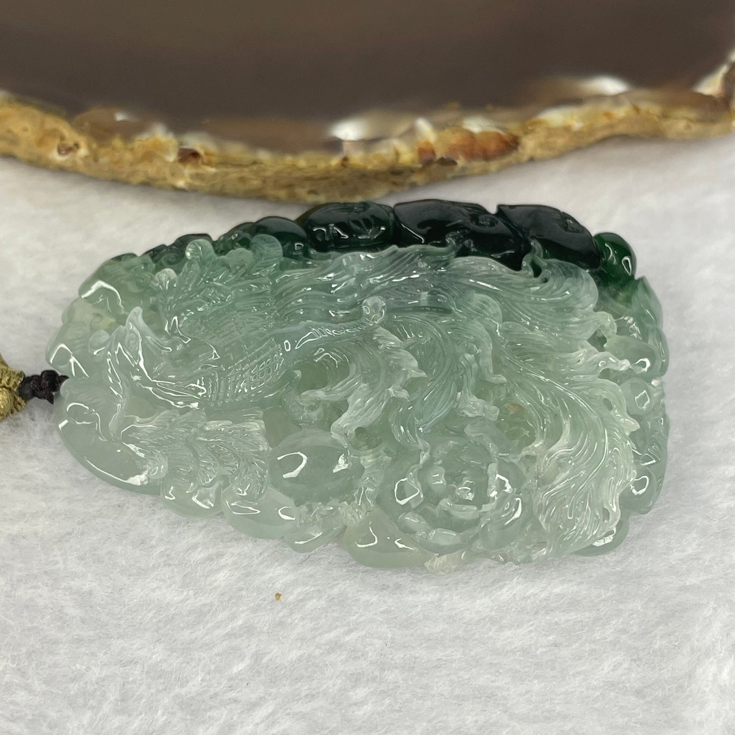 Grand Master Type A Icy Light Green with Green Jadeite Phoenix, Ruyis and Flower Pendant Display 71.83g 65.7 by 48.2 by 12.5mm with Wooden Stand for Career Progression and Recognition