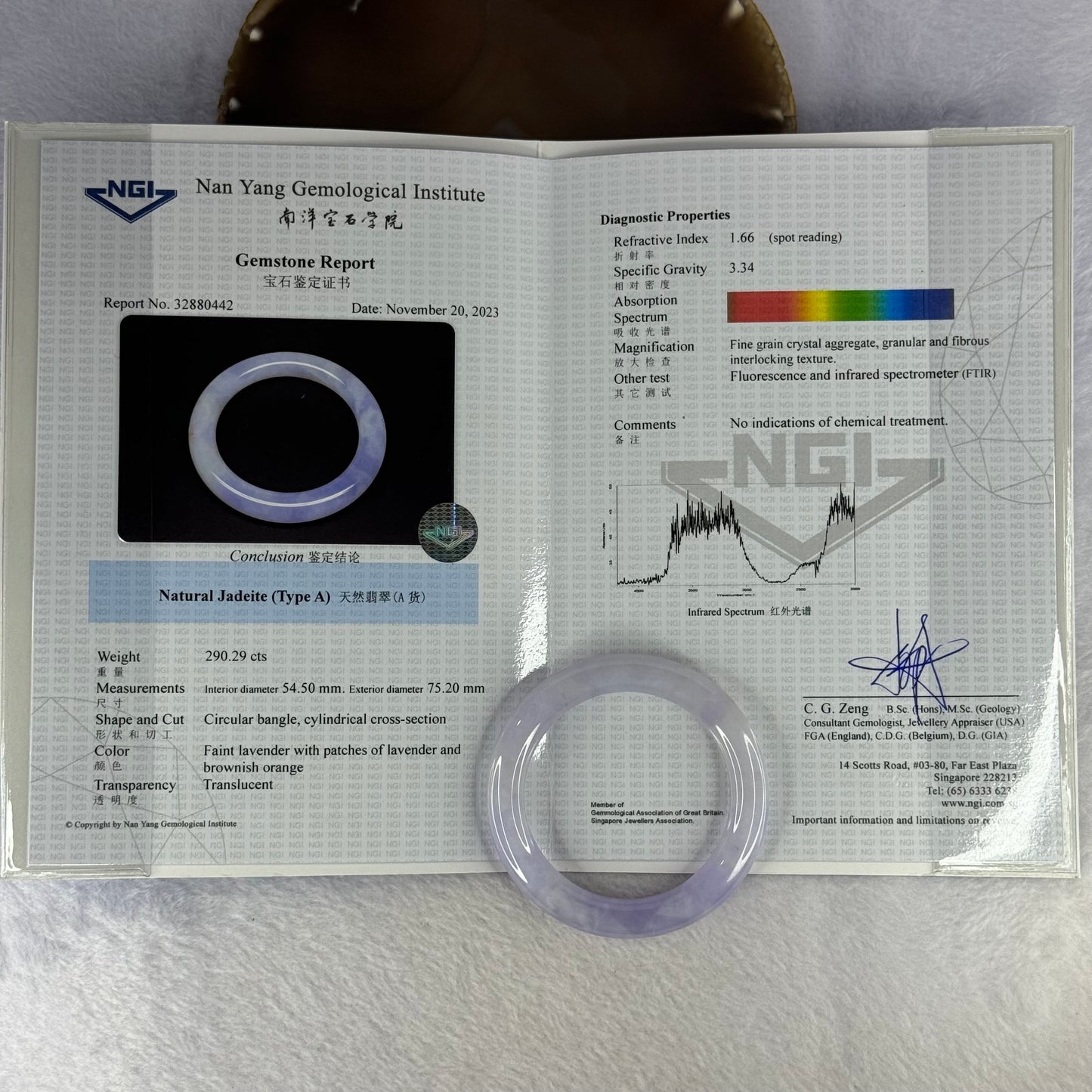 Type A Faint Lavender with Bright Lavender and Brownish Orange Jadeite Bangle 58.04g 290.29cts Internal Diameter 54.5mm 10.5 by 10.5 With NGI Cert No 32880442 (Slight Internal Line)