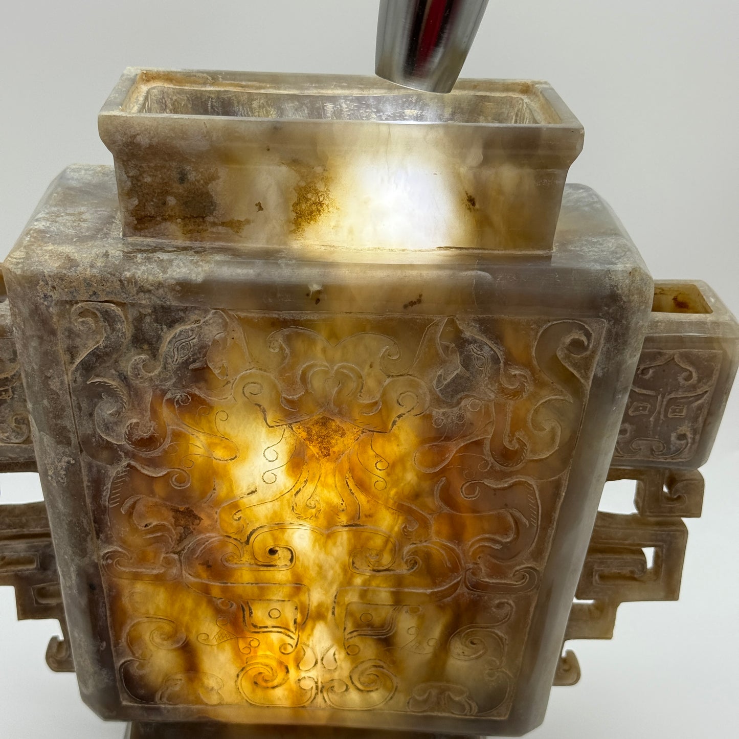 Rare Antique Natural Grey with Yellow White Patches Nephrite Double Pixiu Vase 3,014.3g 225.0 by 83.0 by 280.0mm