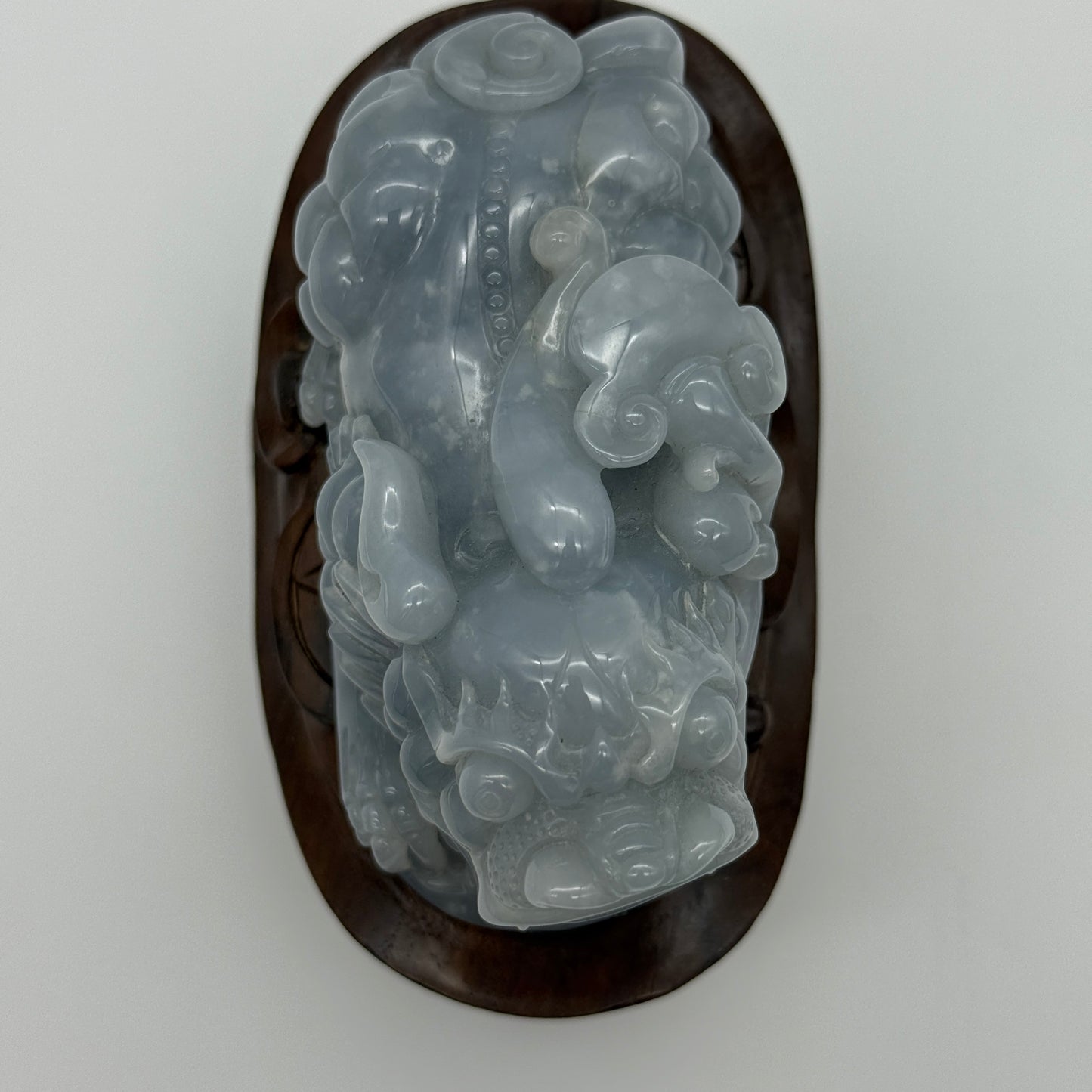 Type A Blueish Lavender Jade Jadeite Pixiu & Ruyi Display with Wooden Stand: Pixiu: 373.1g 93.1 by 43.1 by 43.7mm With Stand: 747.5g 215.4 by 111.5 by 99.6mm